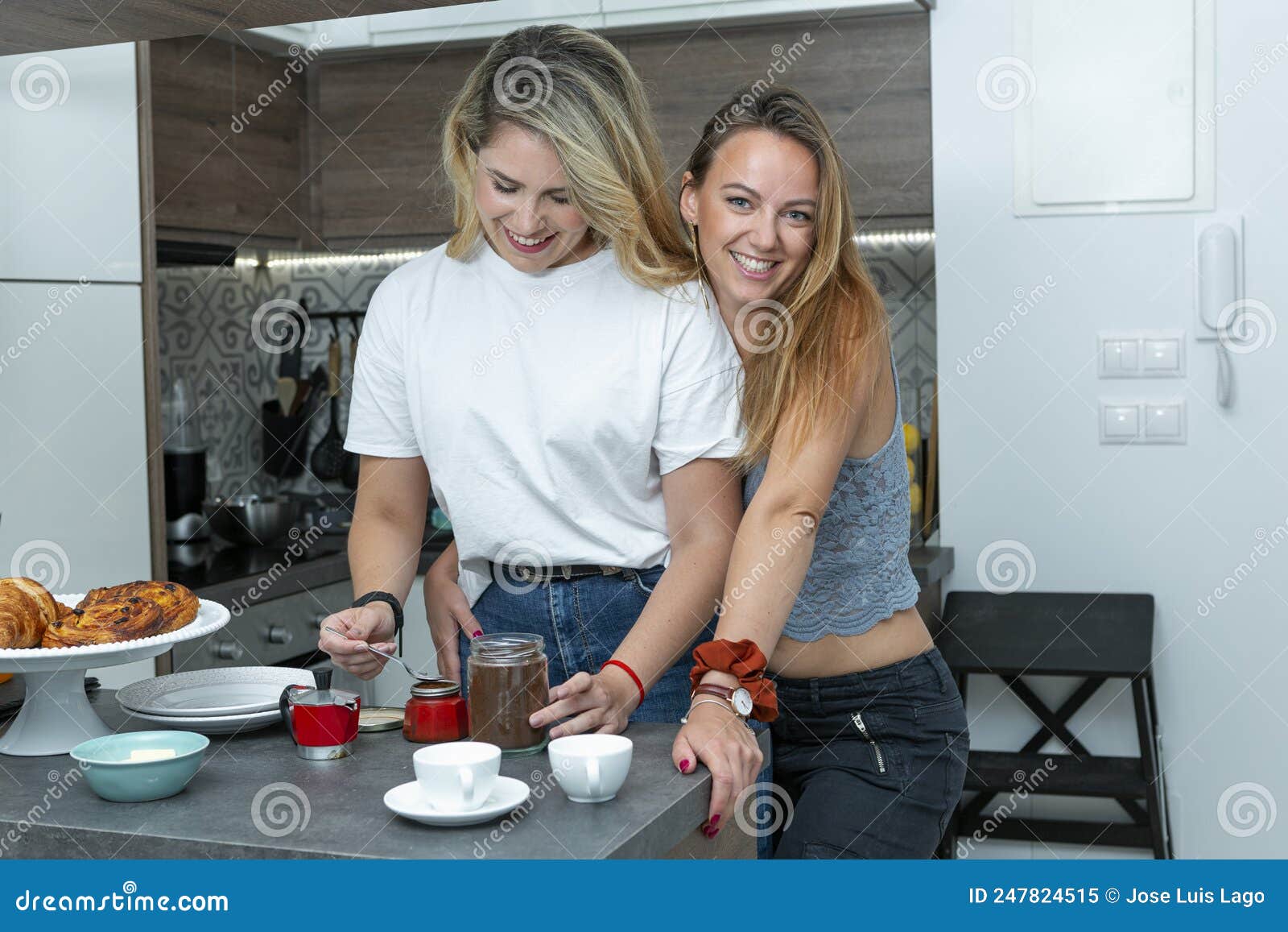 Cute Lesbian Couple Happily Preparing Breakfast Lgtb Concept Stock Image Image Of Lgbt