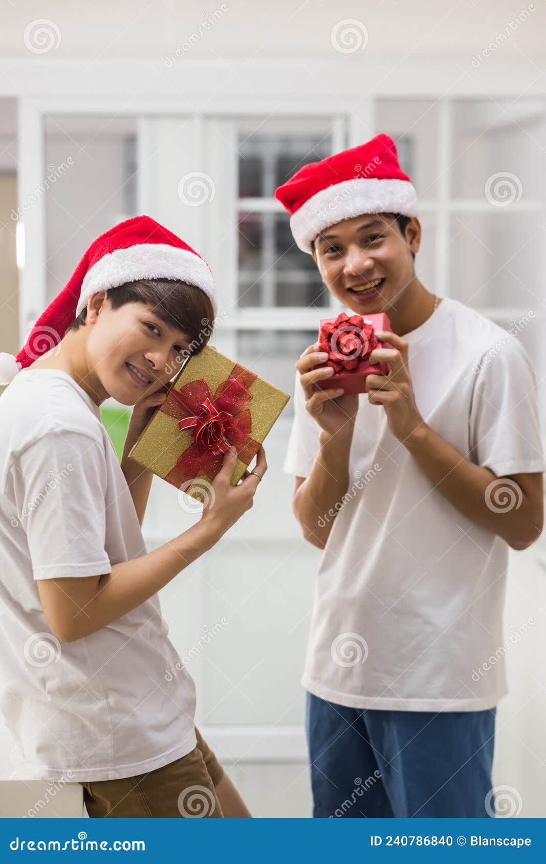 Gay Couple Show Valentine Exchange Gifts Stock Photo
