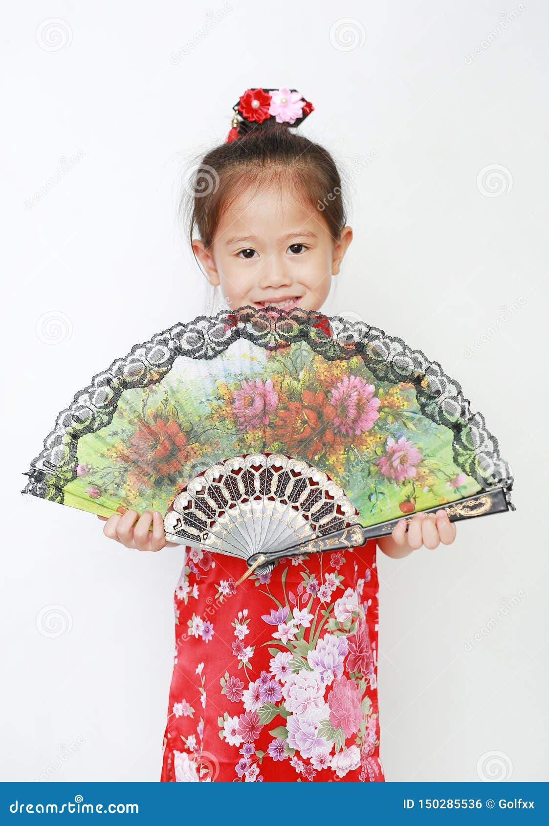 Happy Little Asian Child Girl Holding Chinese Style Fan on White ...