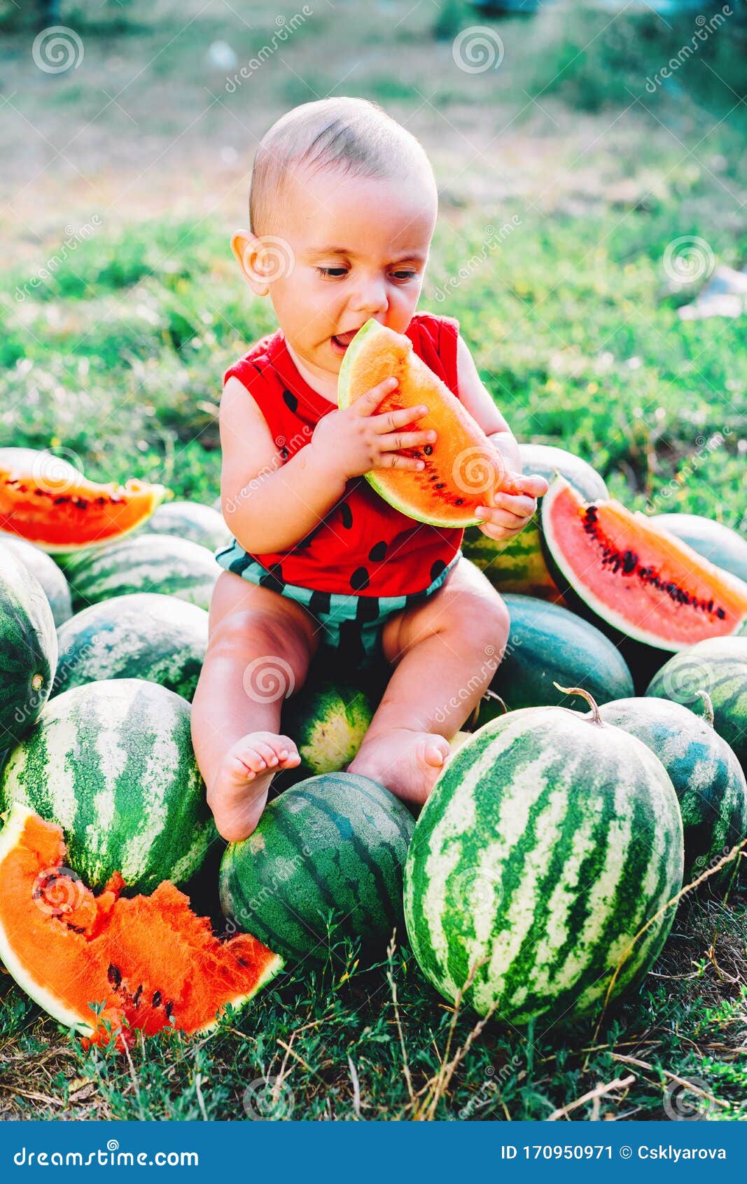 Happy Little Baby Boy In Funny Costume Sitting And Eating Slice Of Watermelon Stock Image Image Of Food Happiness