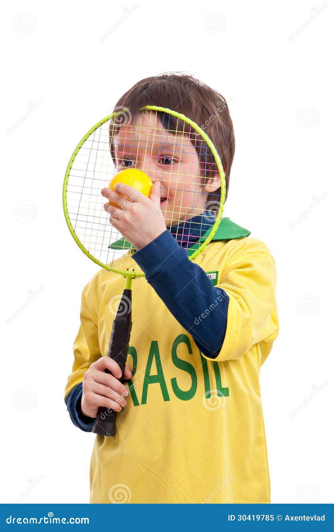 Happy Little Boy with a Tennis Racket and Ball Stock Image Image of