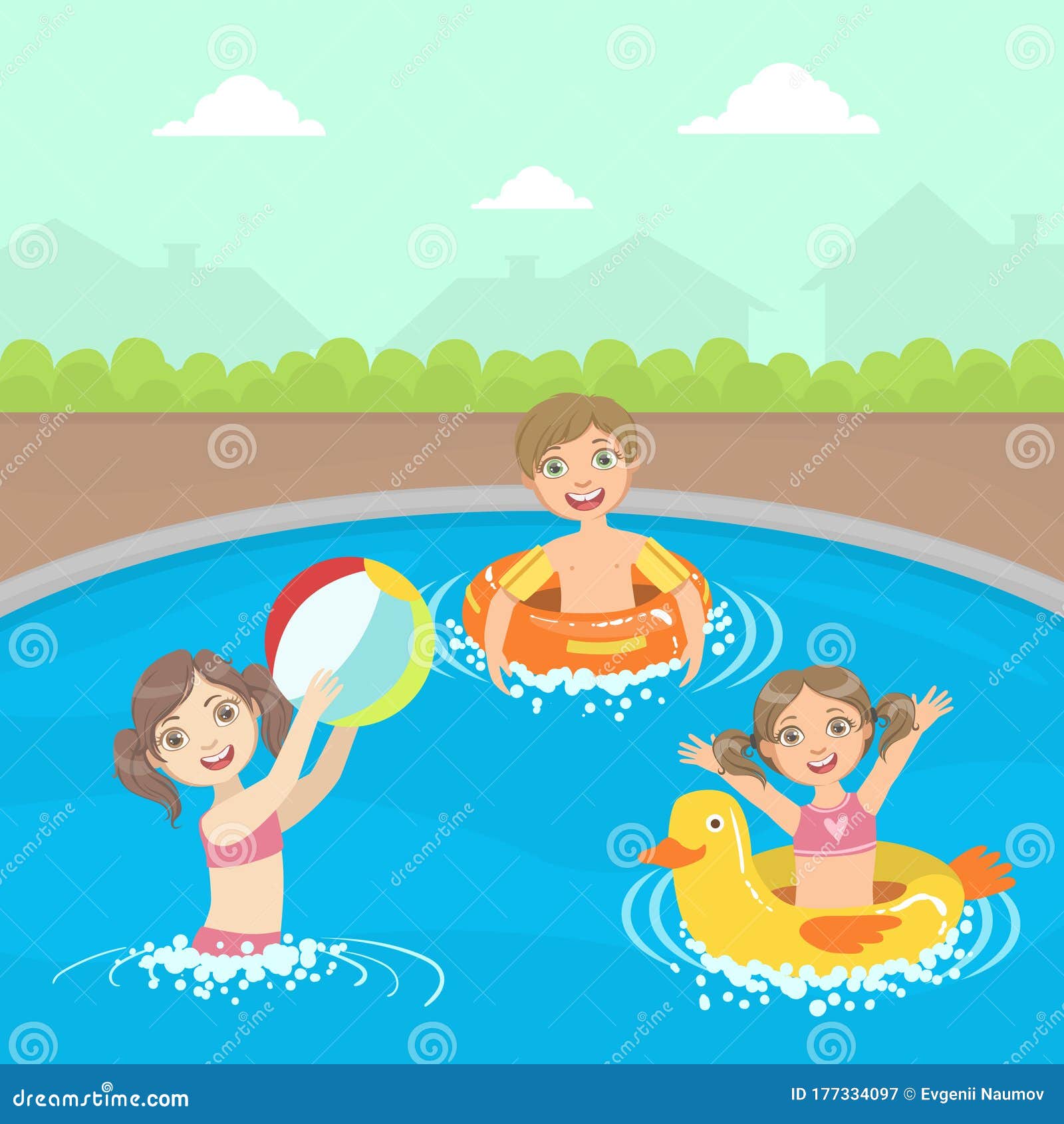 Happy Little Boys and Girls Swimming and Playing Ball in a Pool Vector ...