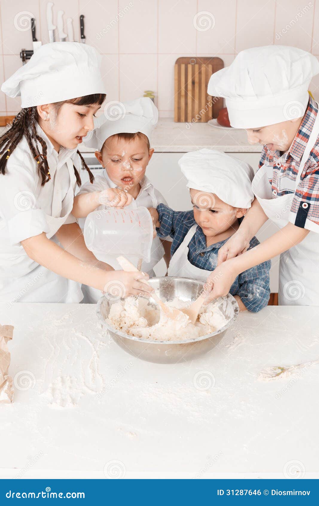 Happy Little Chefs Preparing Dough in the Kitchen Stock Photo Image of bakery, child 31287646