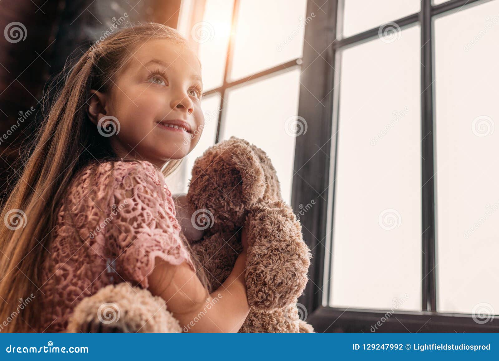 Happy Little Child Playing With Teddy Bear Stock Photo Image Of