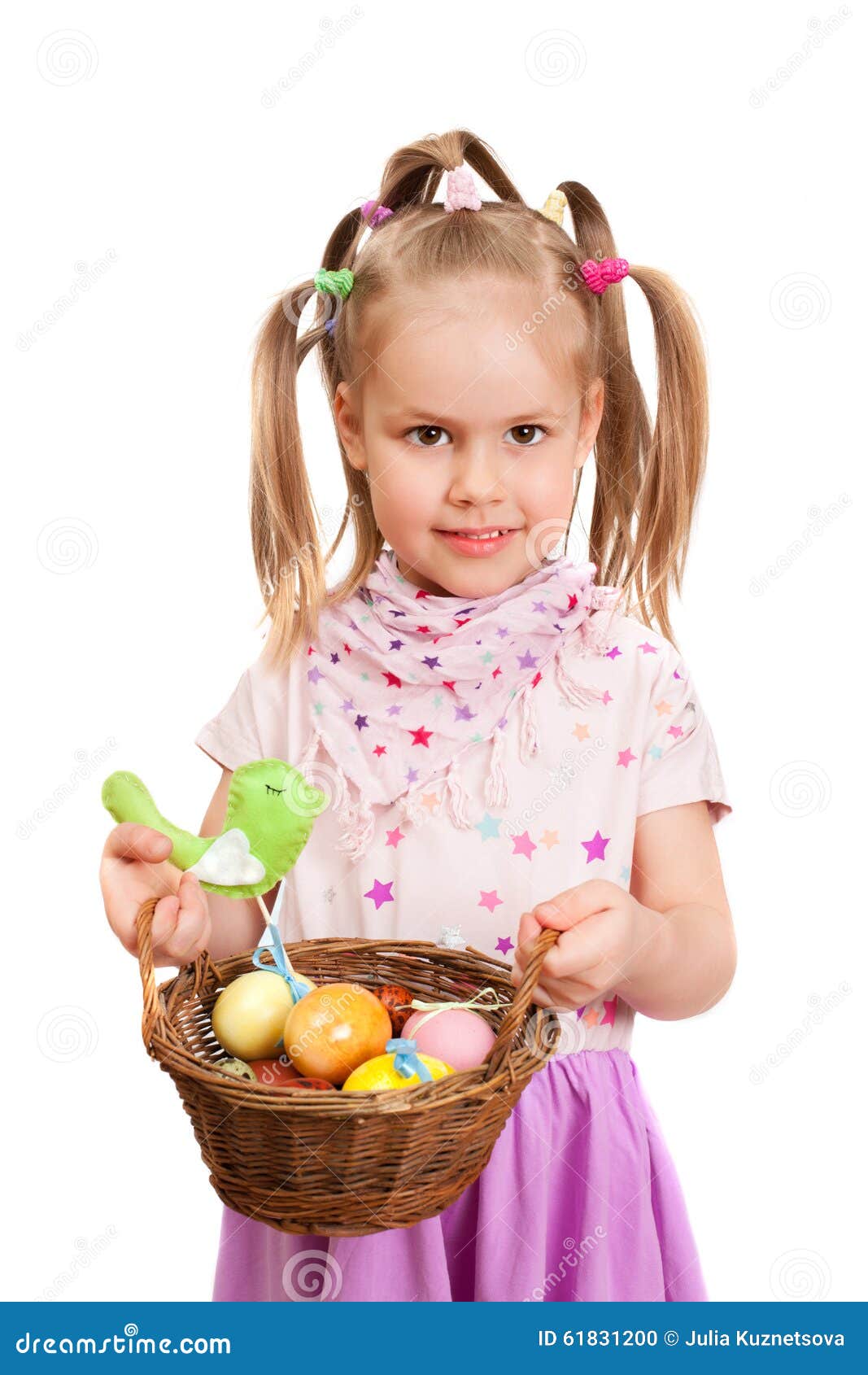 Happy Little Girl with Basket of Easter Eggs Stock Photo Image of