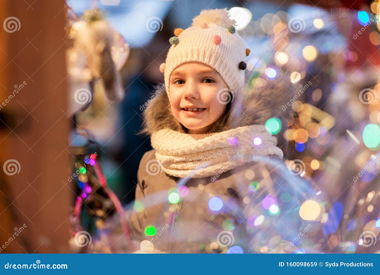 Happy Little Girl at Christmas Market in Winter Stock Image - Image of ...