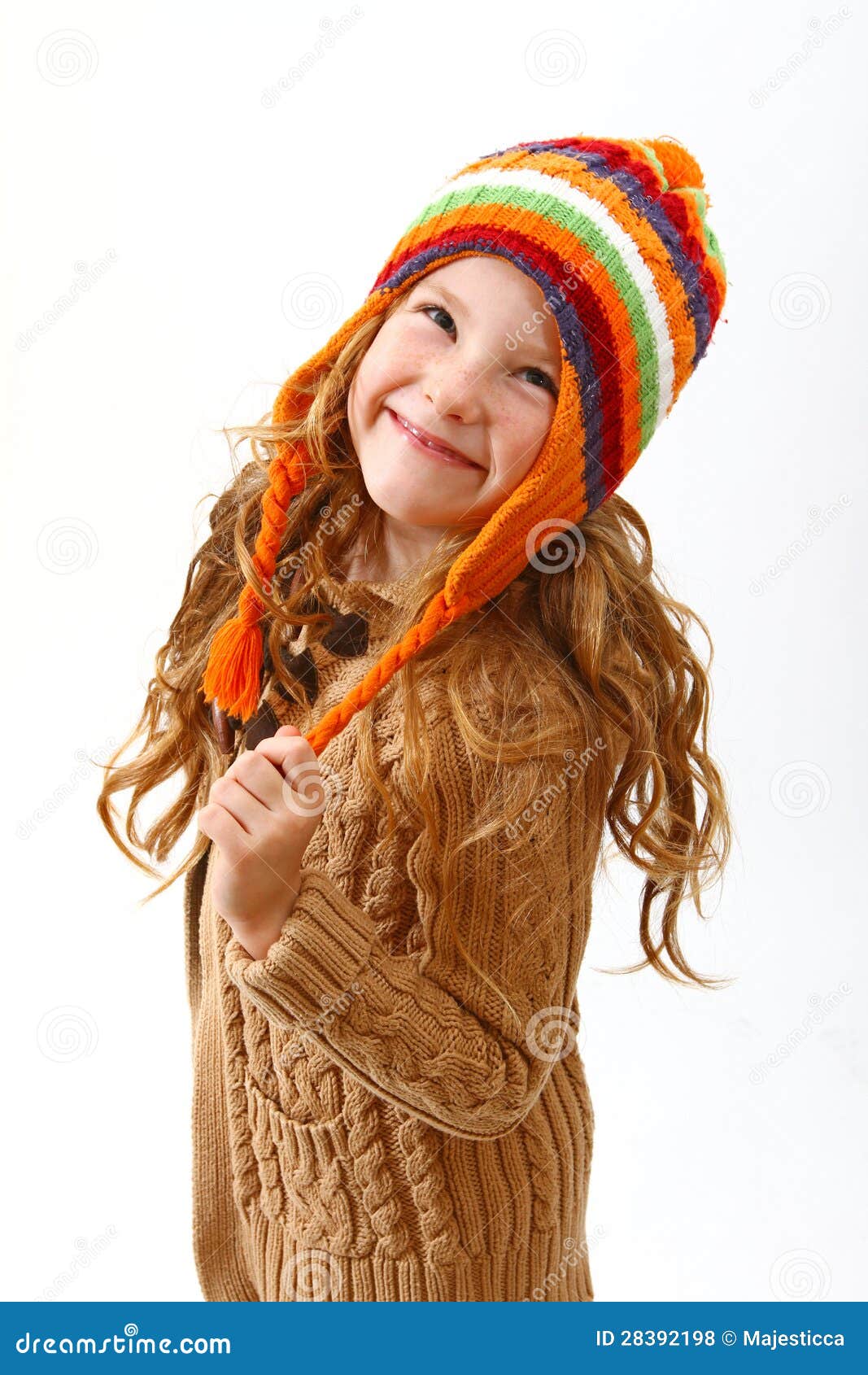 Happy Little Girl in Cozy Clothes Isolated on White Background Stock ...