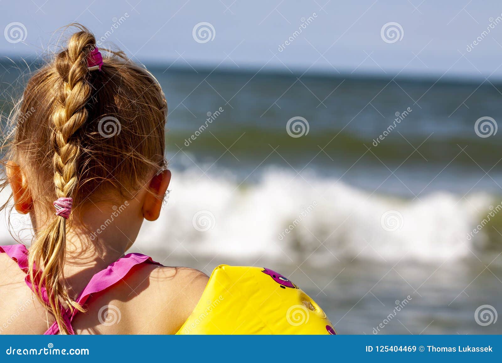 Happy Little Girl With Floaties Floaties Preparing To Swim