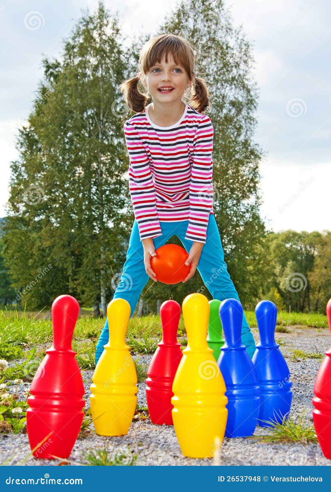 Happy Little Girl Playing Bowling Stock Photo Image of happiness