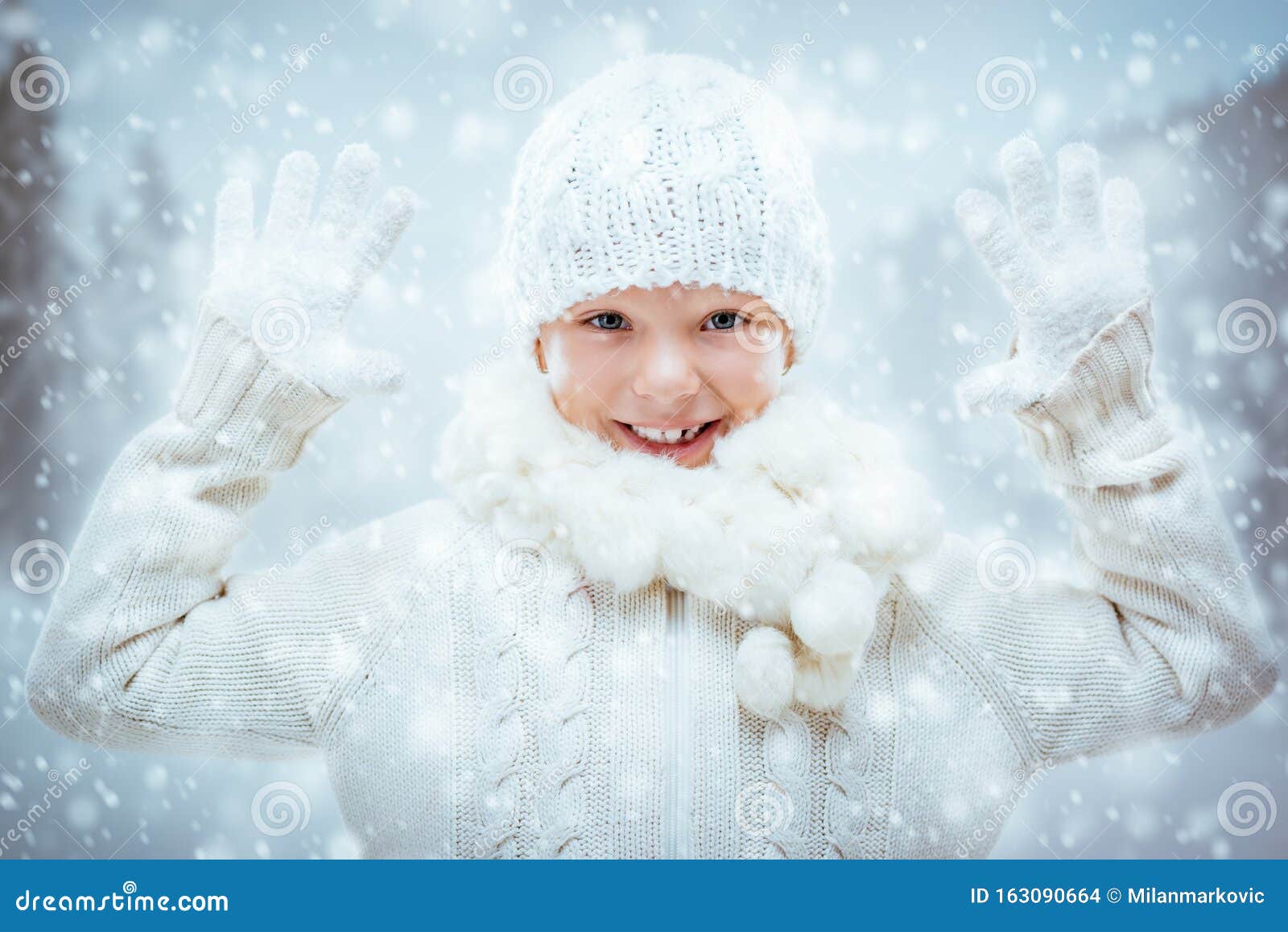 Happy Little Girl Playing with Snow Stock Photo - Image of smiling ...