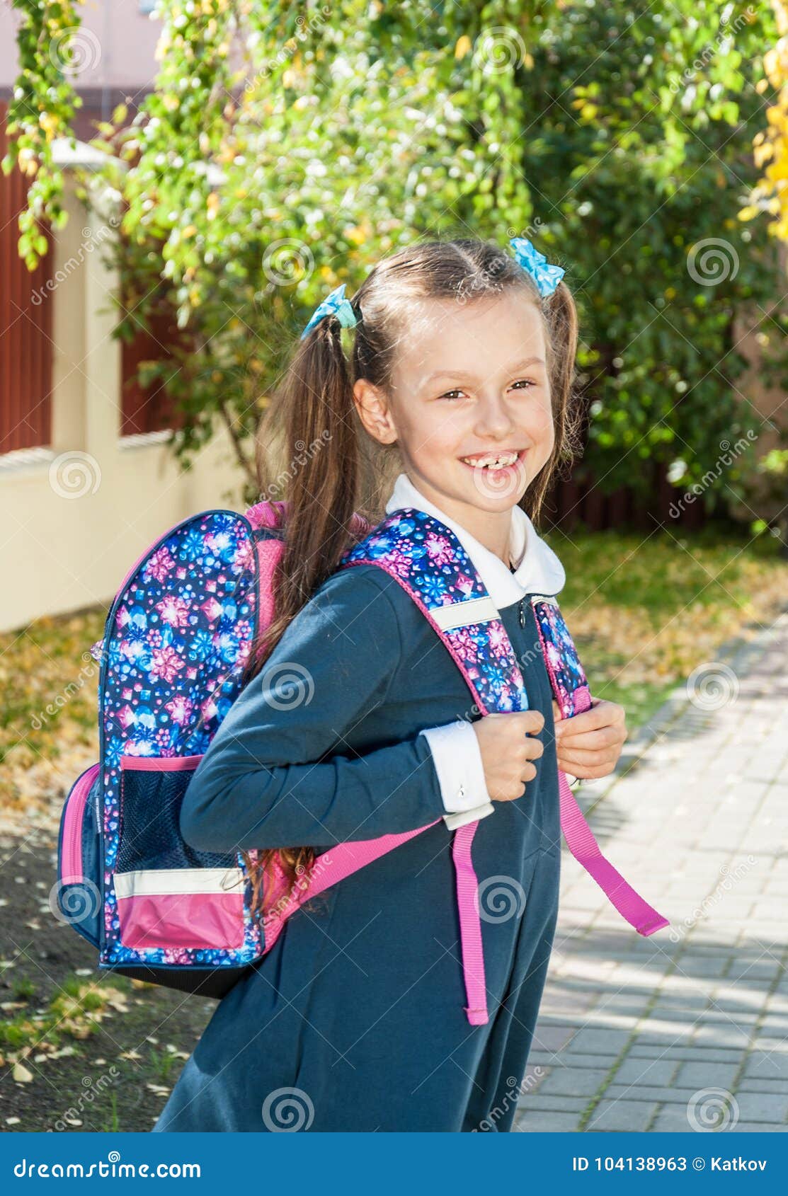 Happy Little Girl with a School Bag Outdoor Stock Image - Image of ...