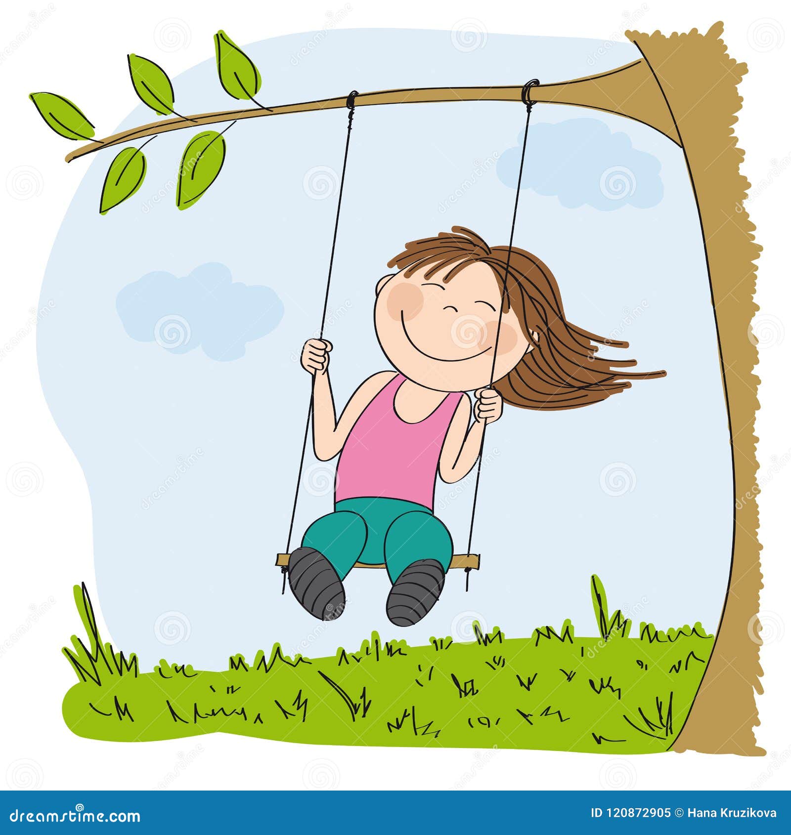 Single one line drawing happy boys and girls playing tire swing under tree.  Kids swinging on tire hanging from tree. Children playing in garden.  Continuous line draw design graphic vector illustration 23469957