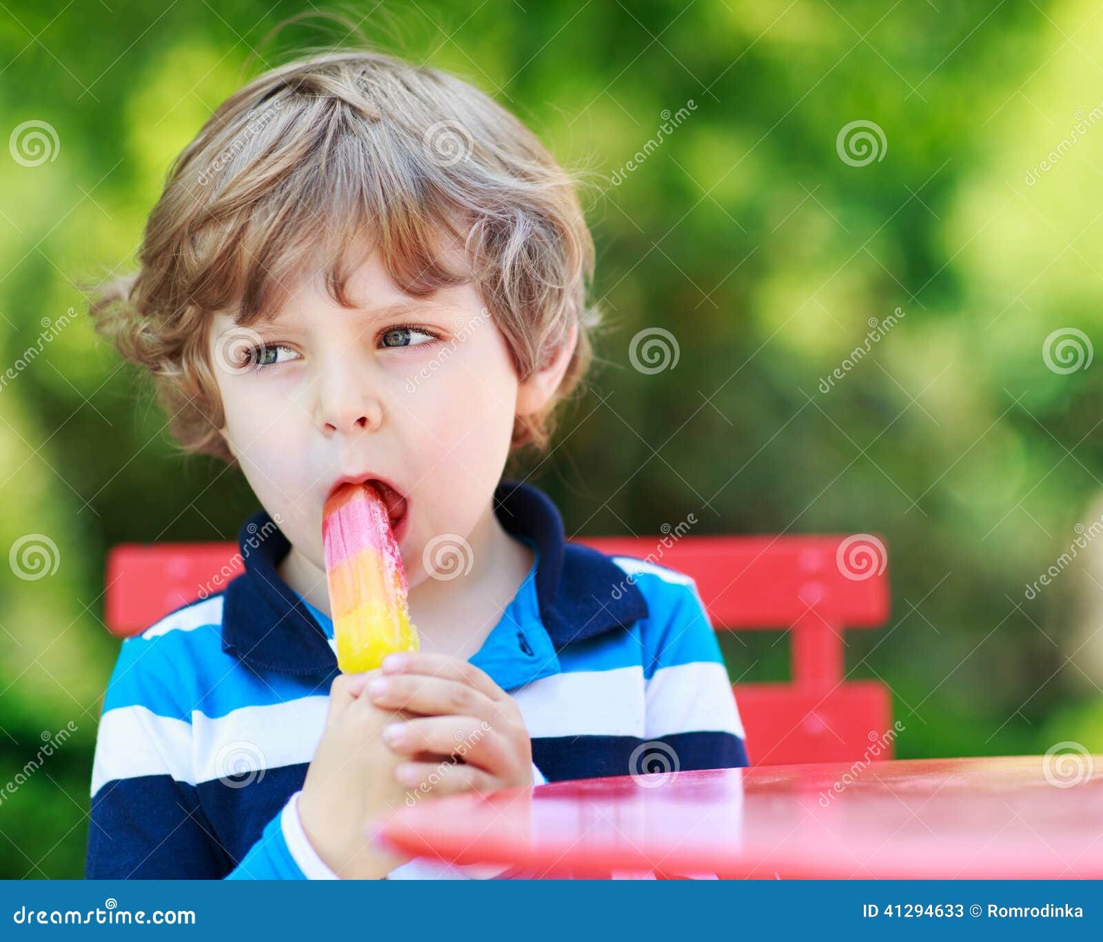 Download Happy Little Preschool Boy Eating Colorful Ice Cream In Summer Stock Image - Image of person ...