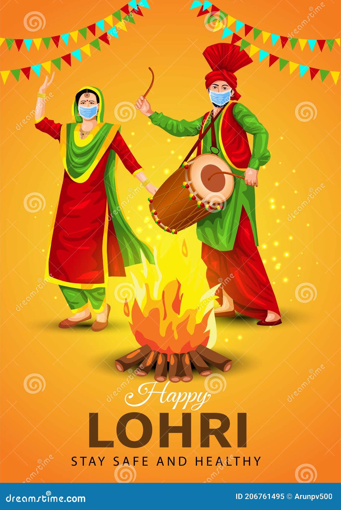 Happy Lohri Festival of Punjab India Background. Vector Illustration of  Couple Playing Lohri Dance Stock Vector - Illustration of bhangra, folk:  206761495