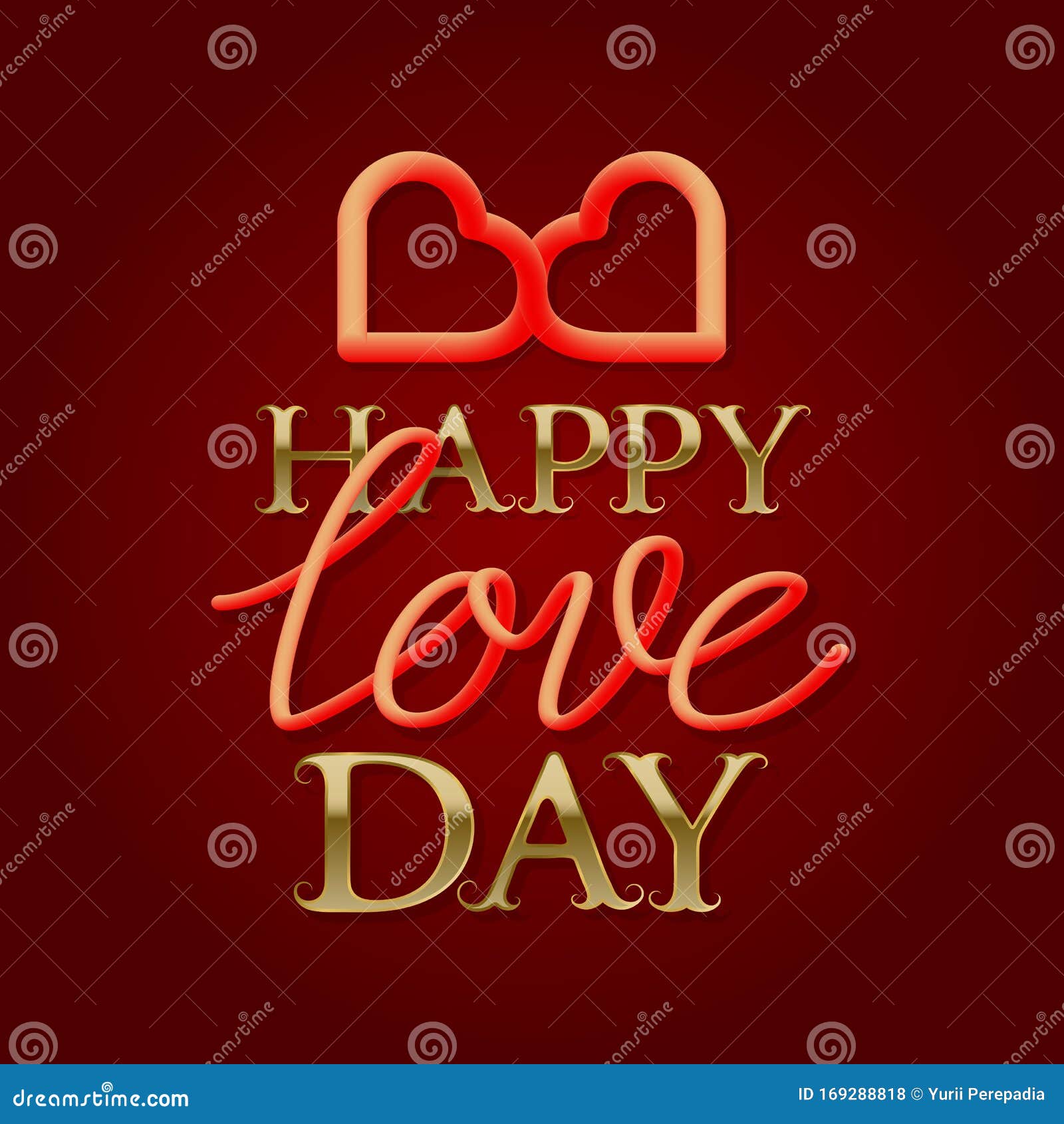 Happy Love Day Golden and Gradient Luminous Text with Symbol of Two