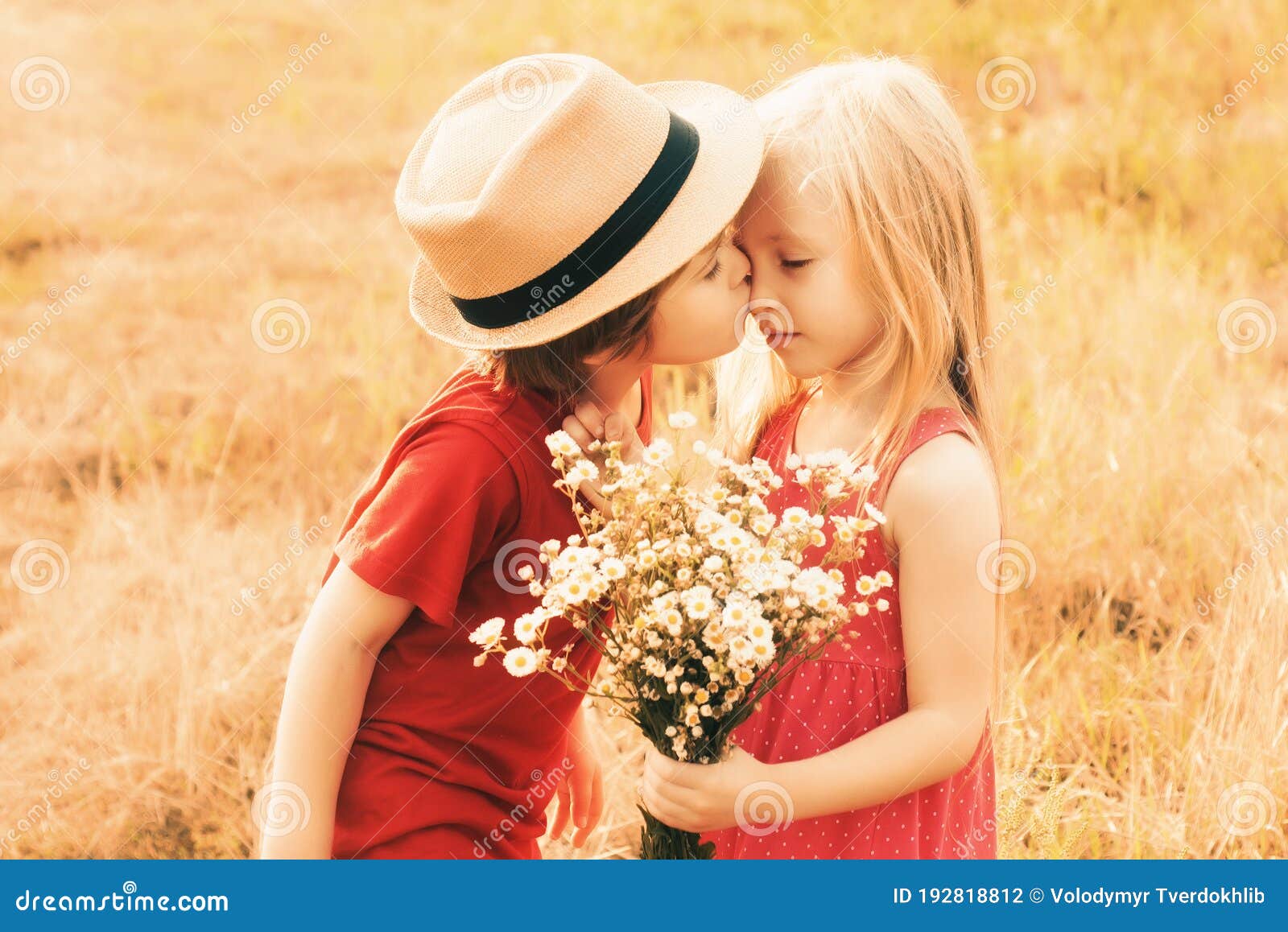 Happy Lovely Kids Kiss on Autumn Field. Cute Little Children ...