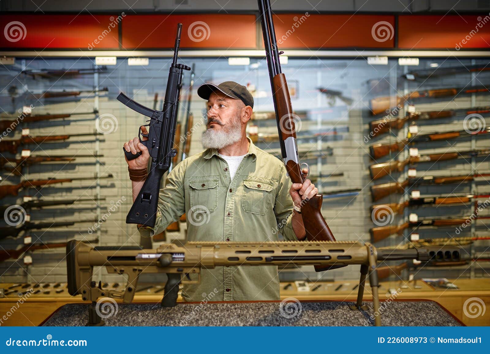 Happy Male Hunter with Two Rifles in Gun Store Stock Image - Image of ...