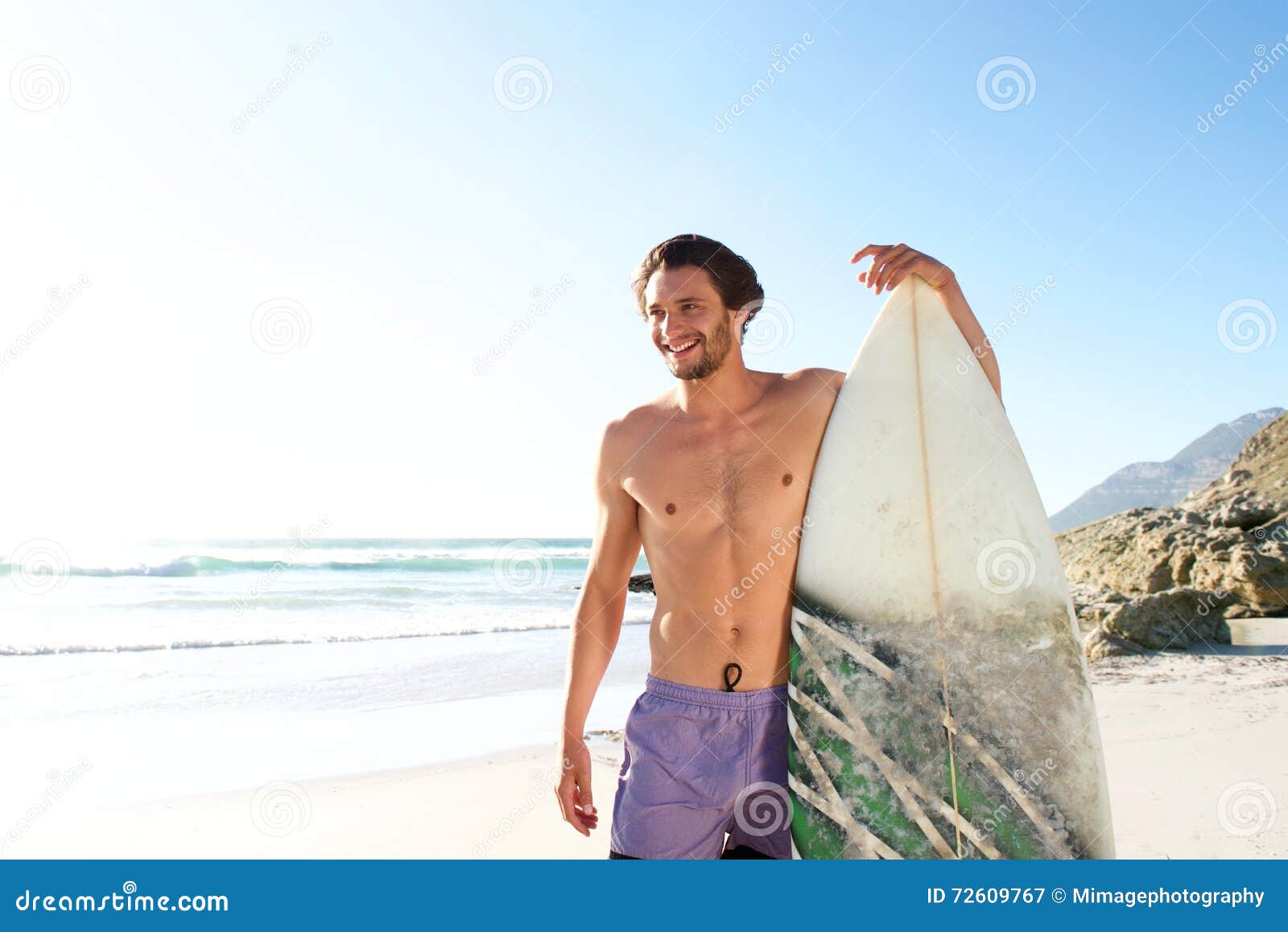 Happy Male Surfer Standing with His Board at the Beach Stock Image ...