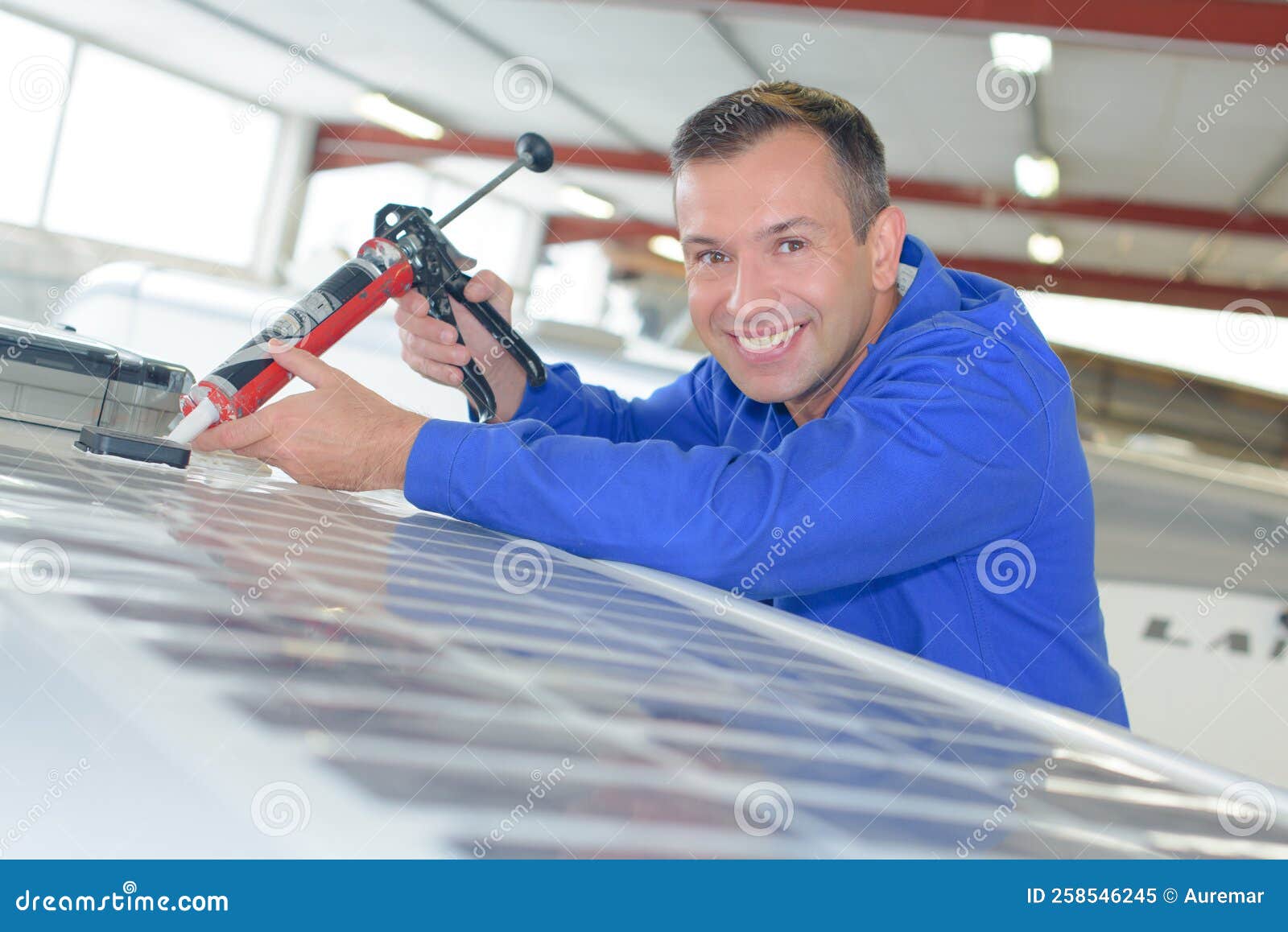 Happy Male Worker Fixing Caravan Stock Image Image of adult, contract