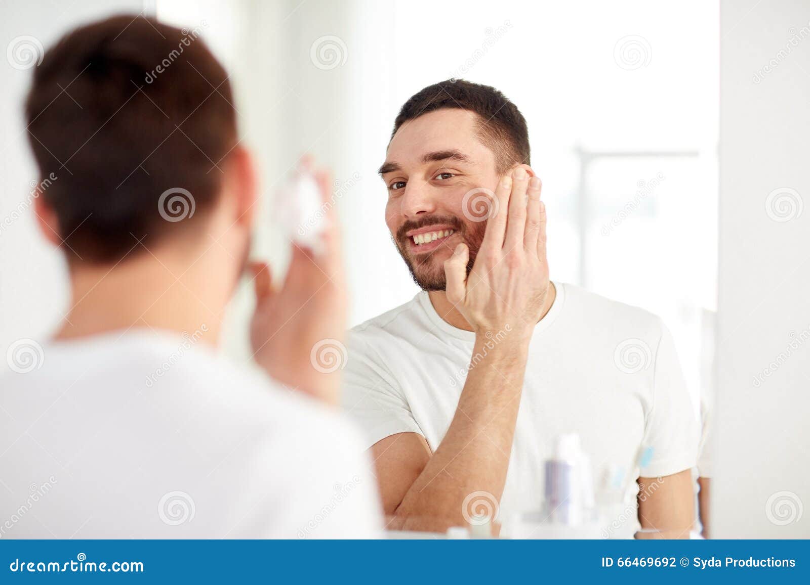 Happy Man Applying Shaving Foam At Bathroom Mirror Stock ...
