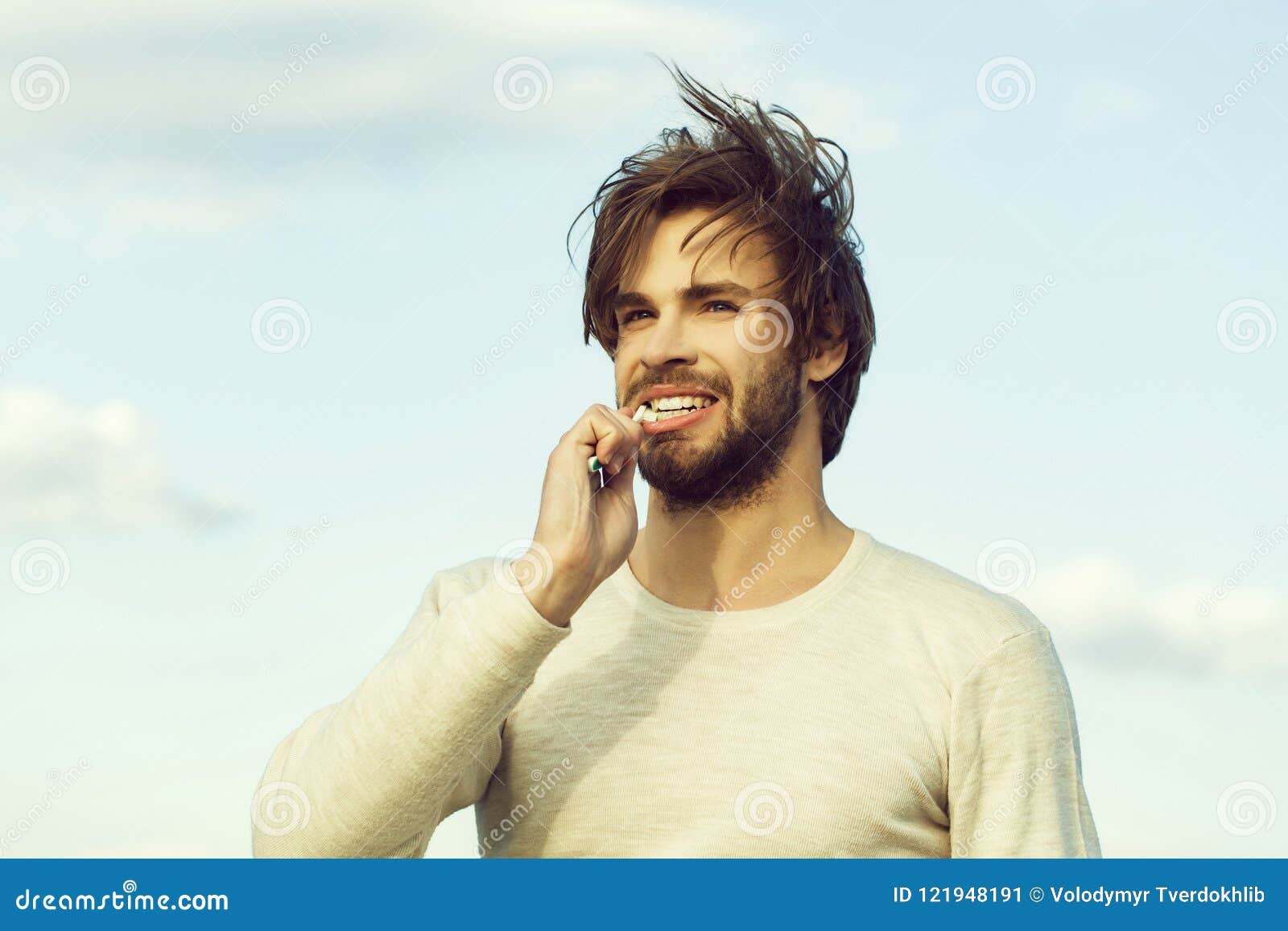 Happy Man Brush Teeth with Toothpaste on Blue Sky, Metrosexual Stock ...