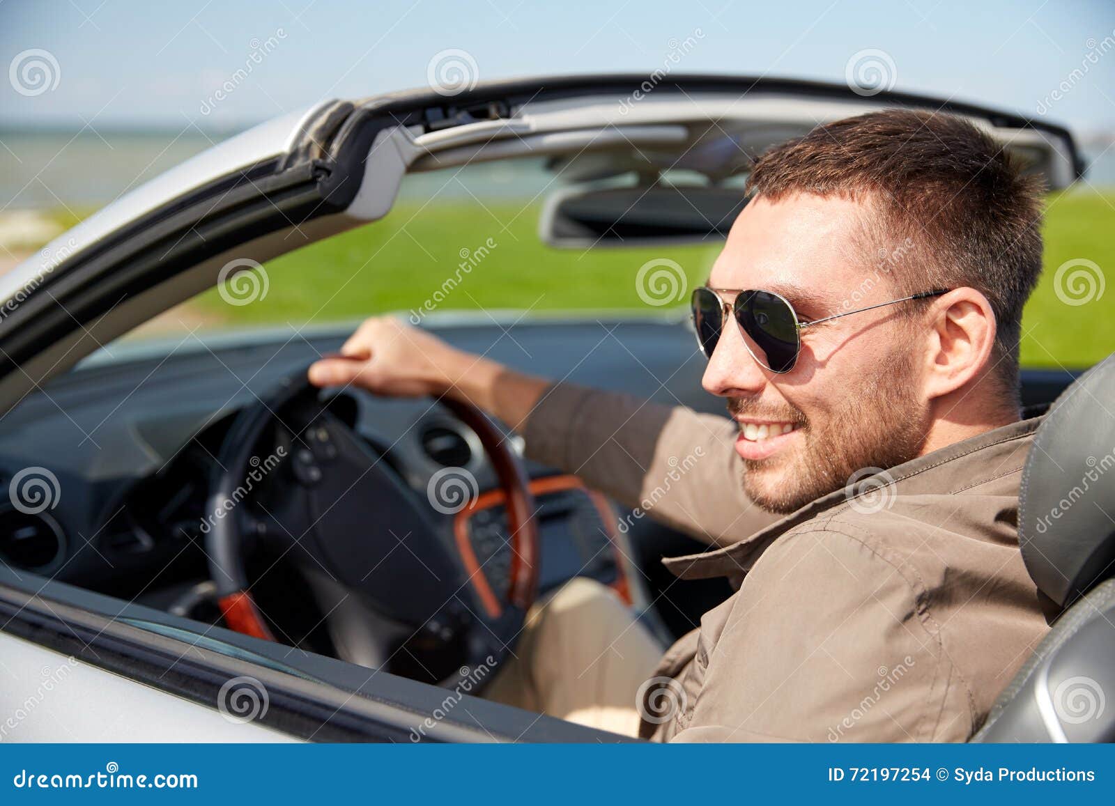 Happy Man Driving Cabriolet Car Outdoors Stock Photo - Image of ...