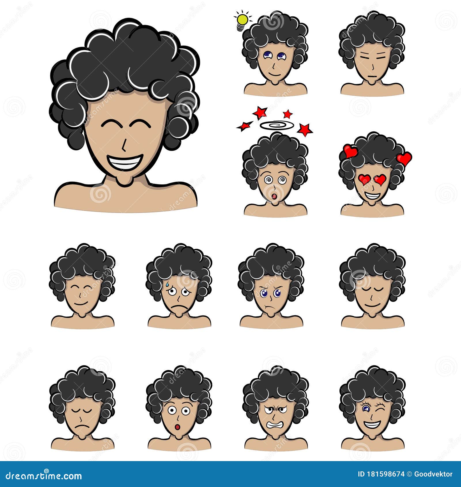 Happy Man with Frizzy Hair. Set of Different Emotions Male Character.  Handsome Man Curls Hair Style Emoji Various Facial Stock Vector -  Illustration of idea, facial: 181598674