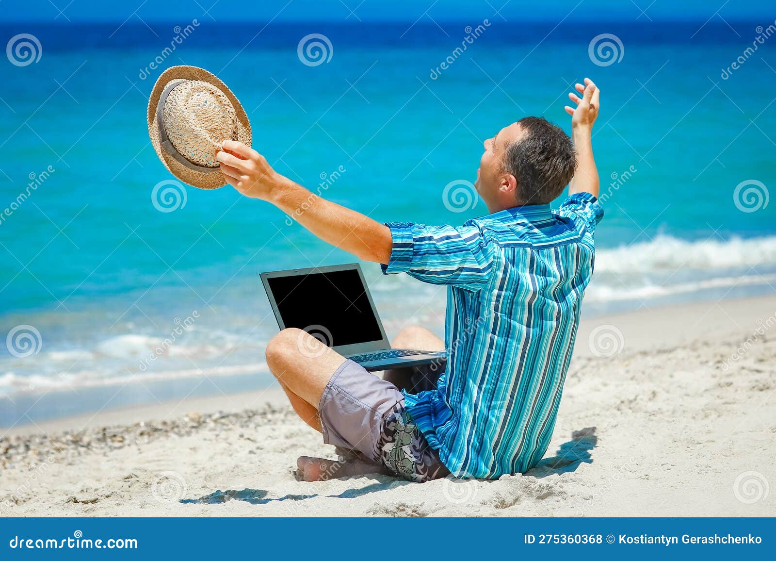 A Happy Man Guy with Laptop Near the Seashore Weekend Travel Stock ...