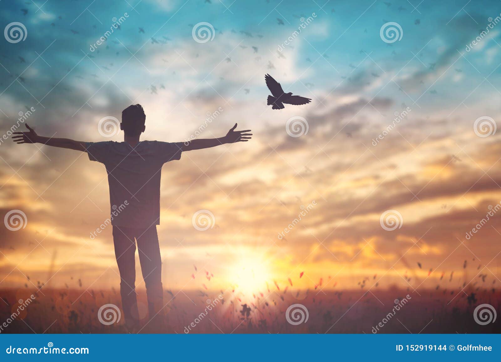 happy man rise hand on morning view. christian inspire praise god on good friday background. male self confidence empowerment on
