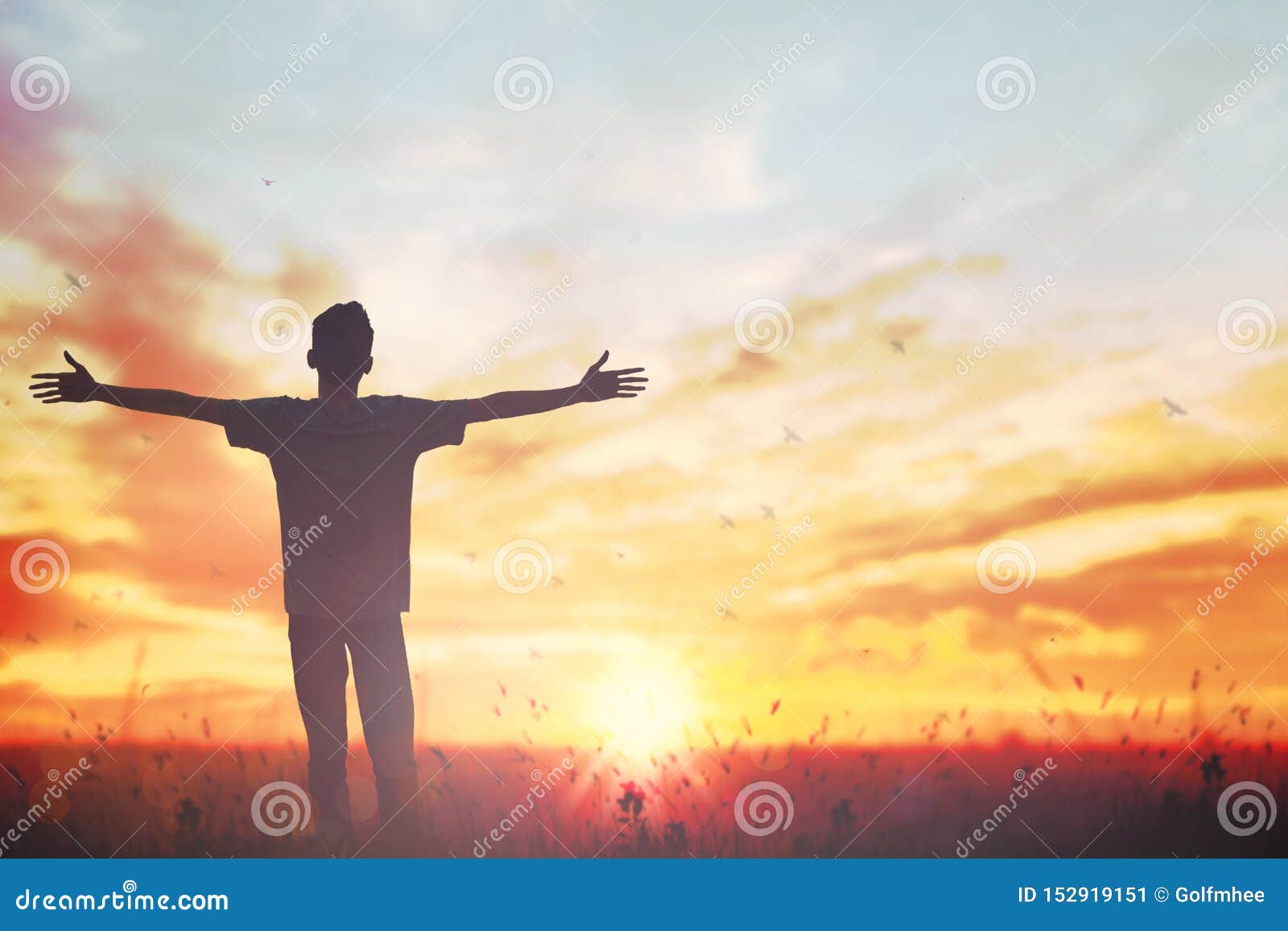 Happy Man Rise Hand on Morning View. Christian Inspire Praise God on