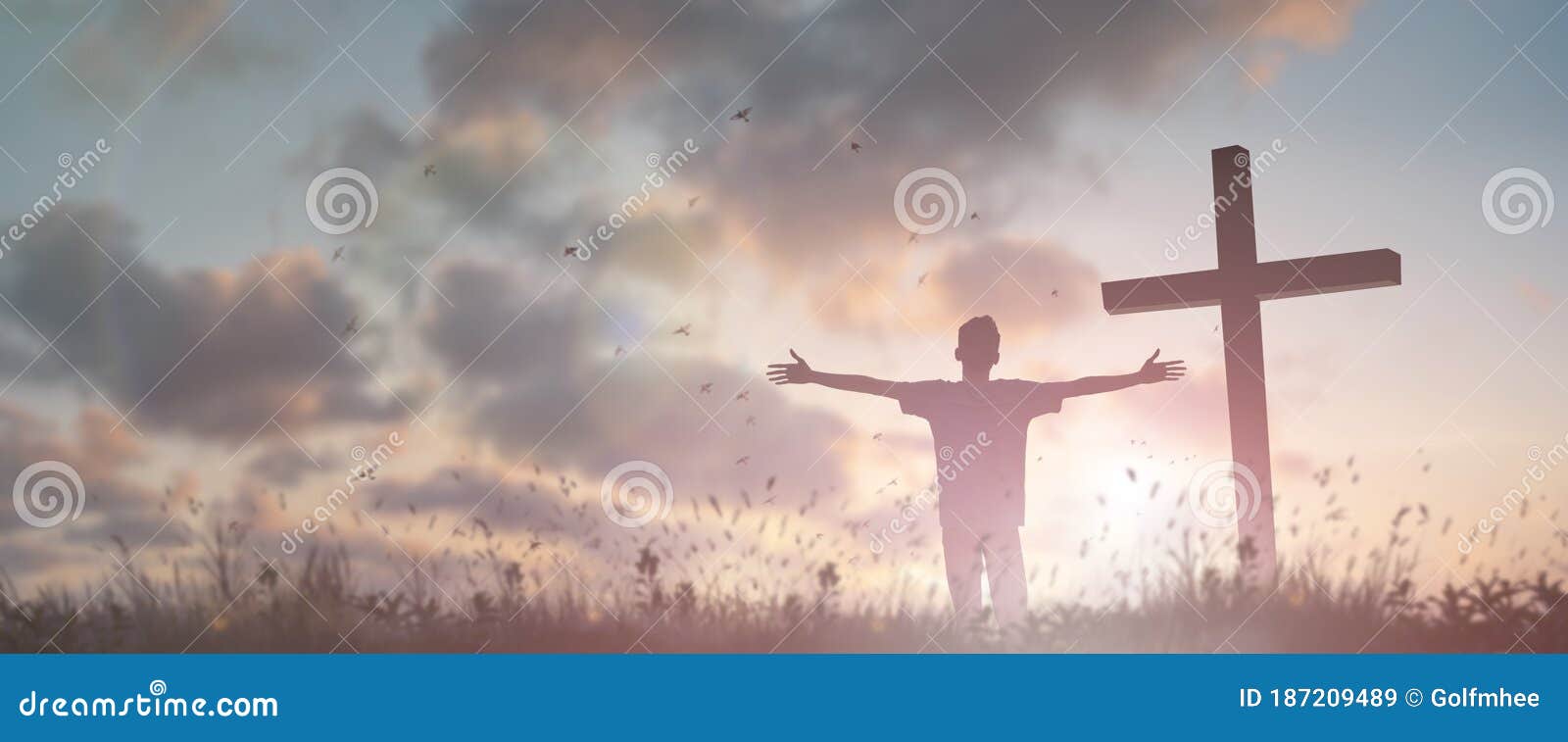 Happy Man Rise Hand Worship God in Morning View. Christian Spirit