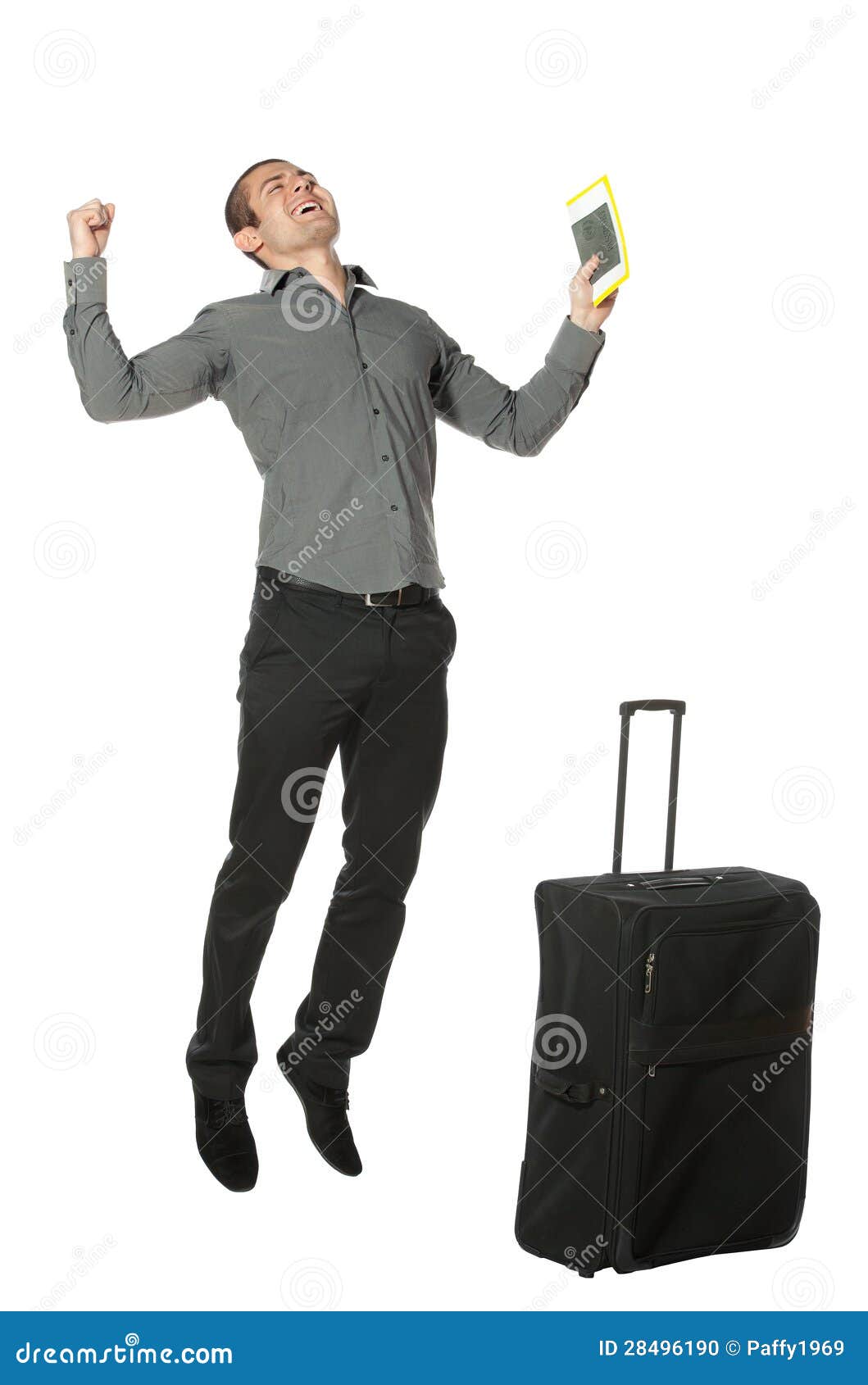 Happy Man with Suitcase Jumping of Joy Stock Photo Image of businessman, business 28496190