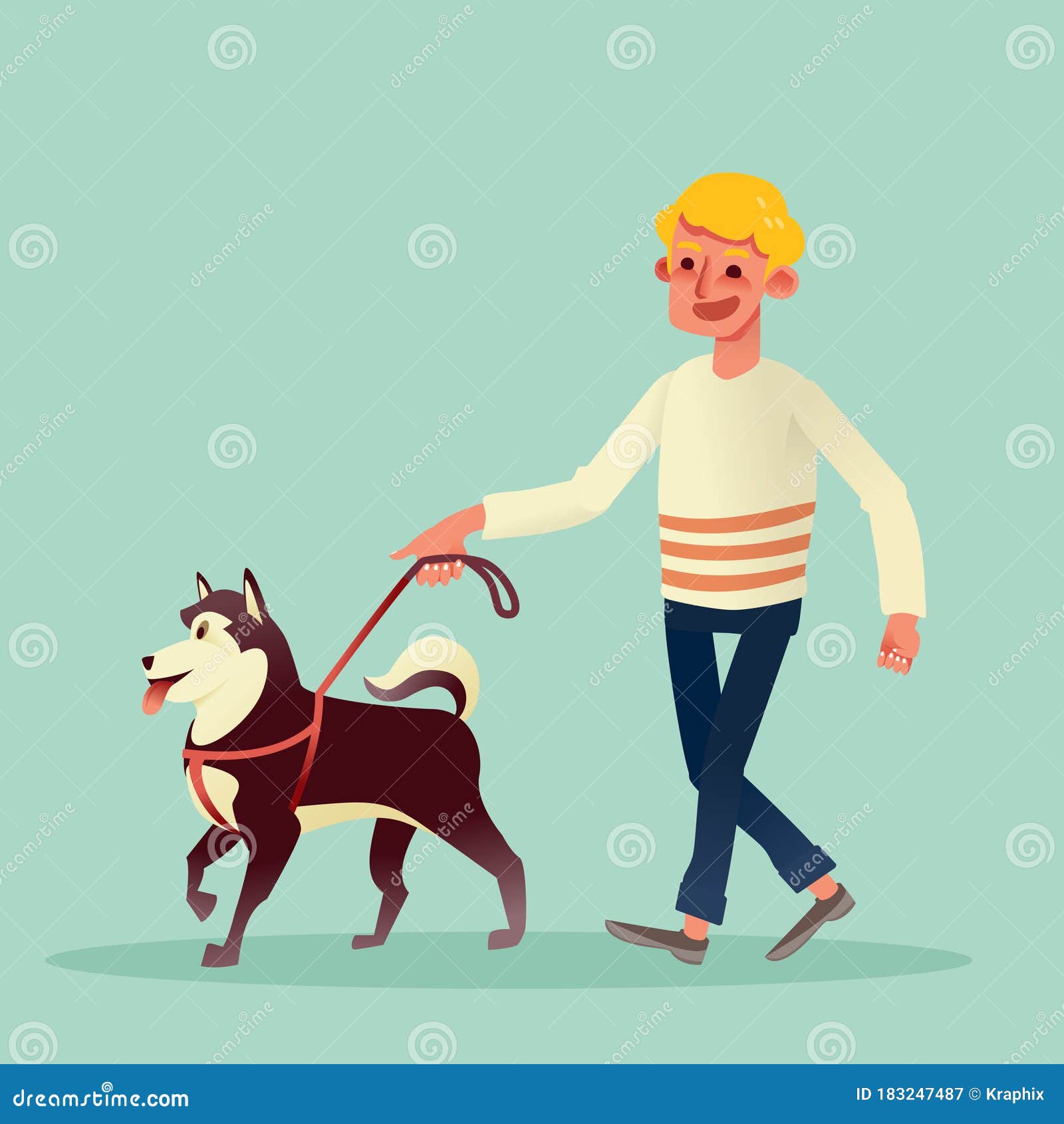 Happy Man Walking with His Dog. Vector Cartoon Illustration Stock