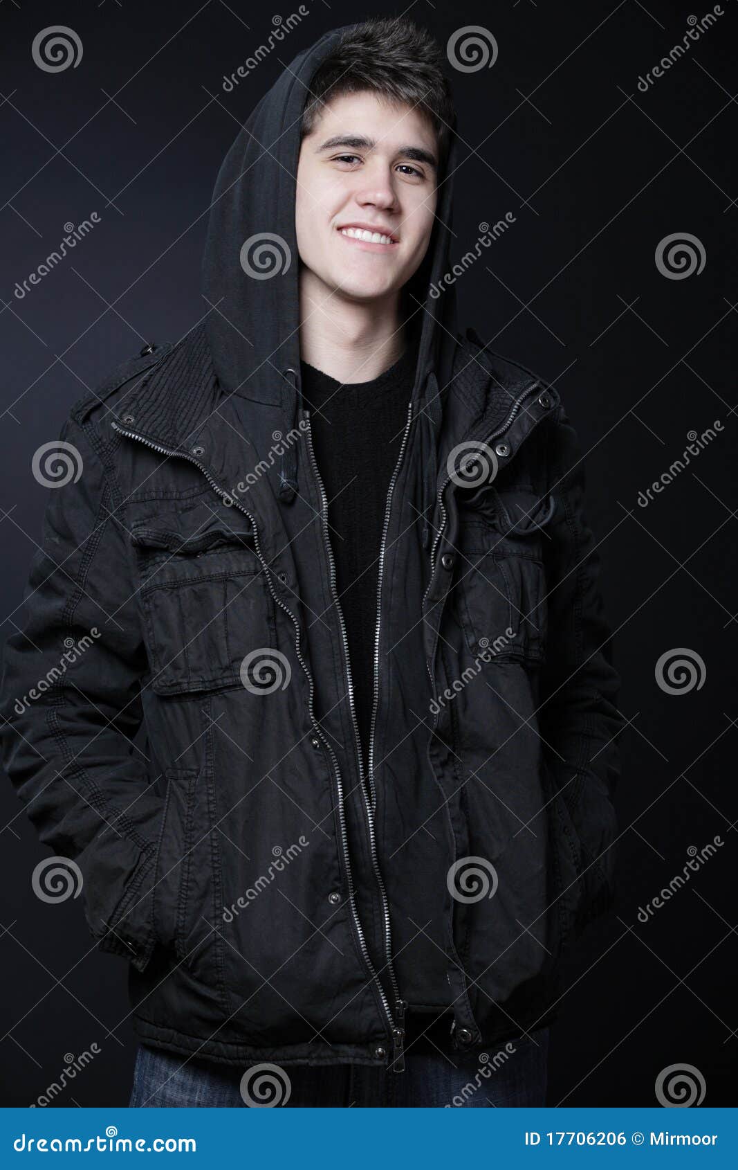 Happy Man Wearing Black Jacket With Hood. Royalty Free Happy Man Wearing Black Jacket With Hood. Royalty Free