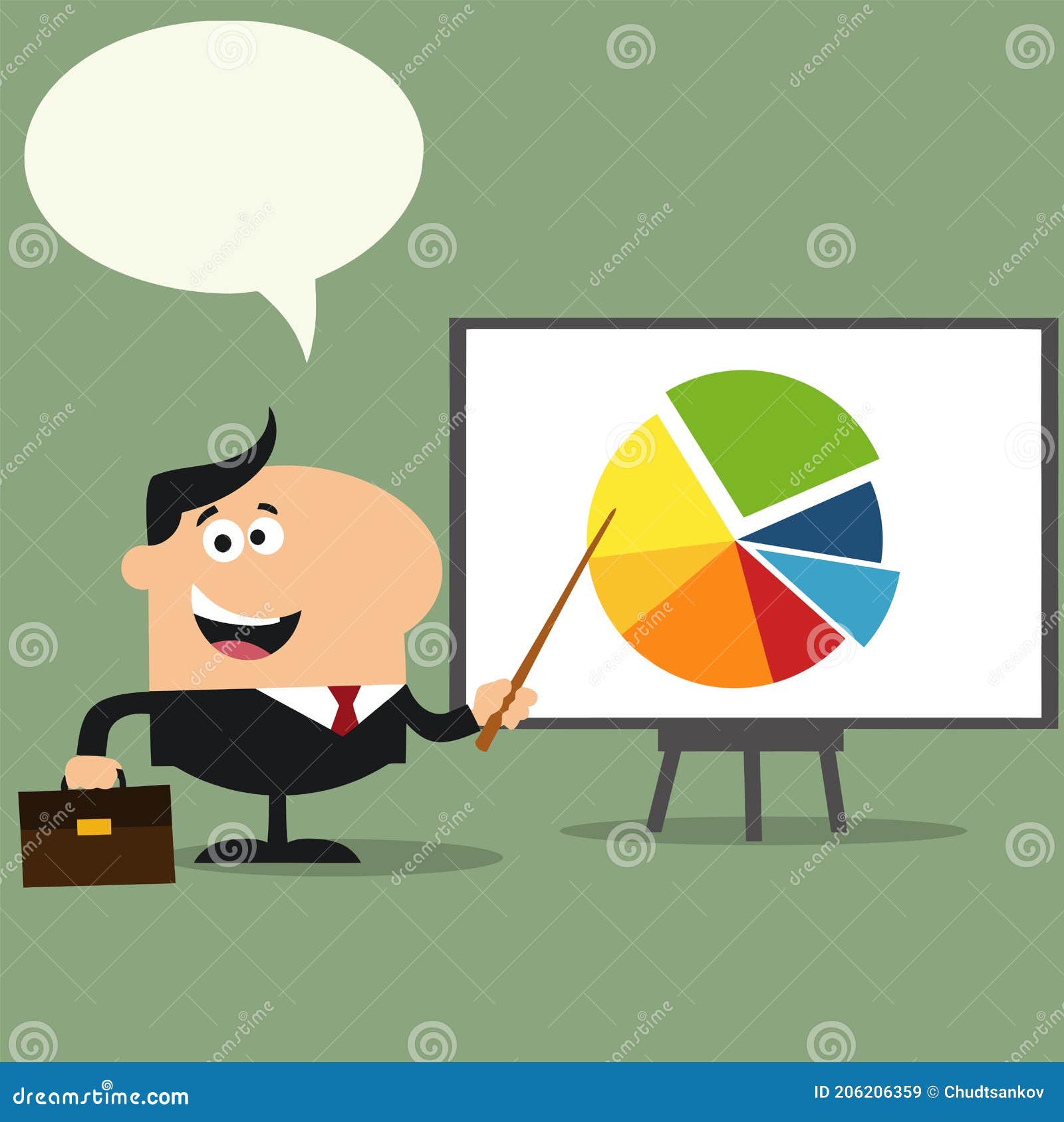 Happy Manager Pointing Progressive Pie Chart on a Board Stock Vector