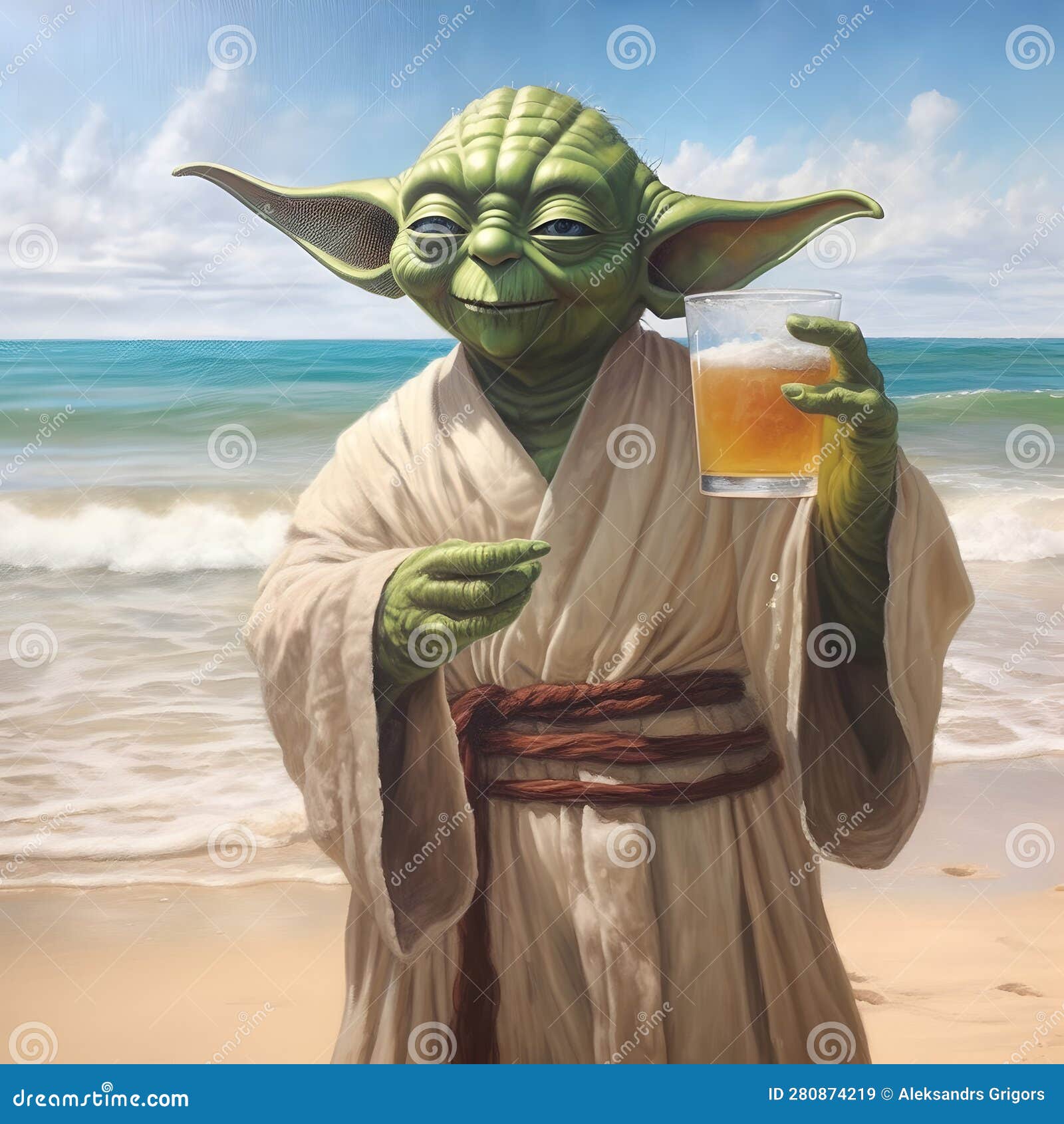 Happy Master Yoda from Star Wars Relaxed Chilling and Drinking Beer on
