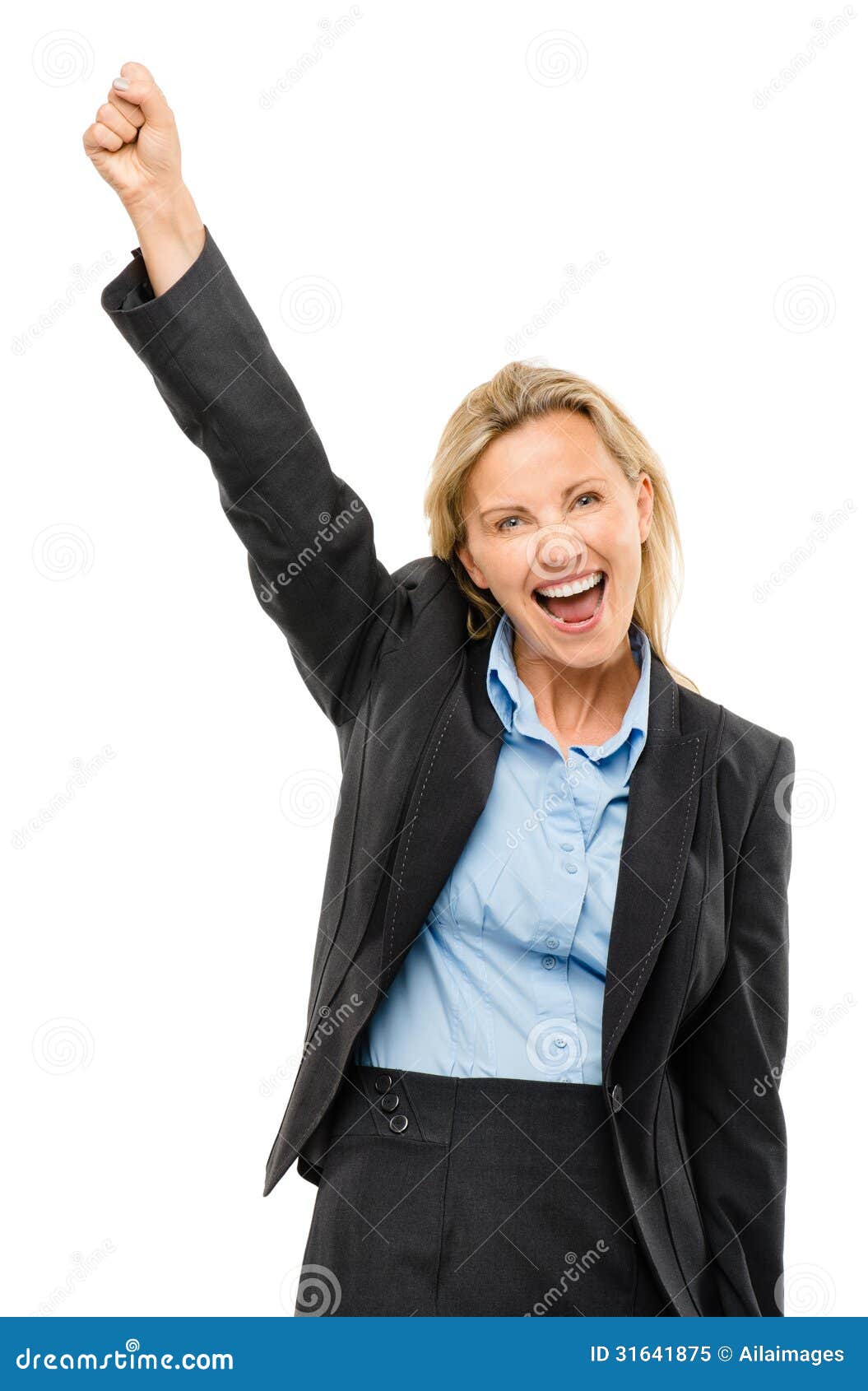 Happy mature business woman arms up isolated on white background. Happy mature business woman celebrating success