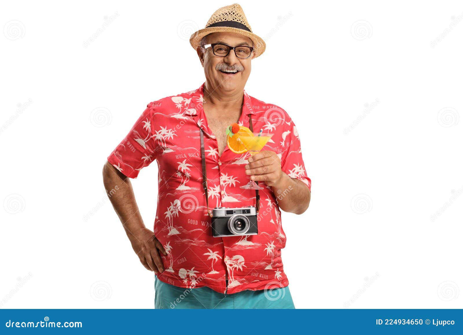 Happy Mature Male Tourist with Camera Around His Neck Holding a ...