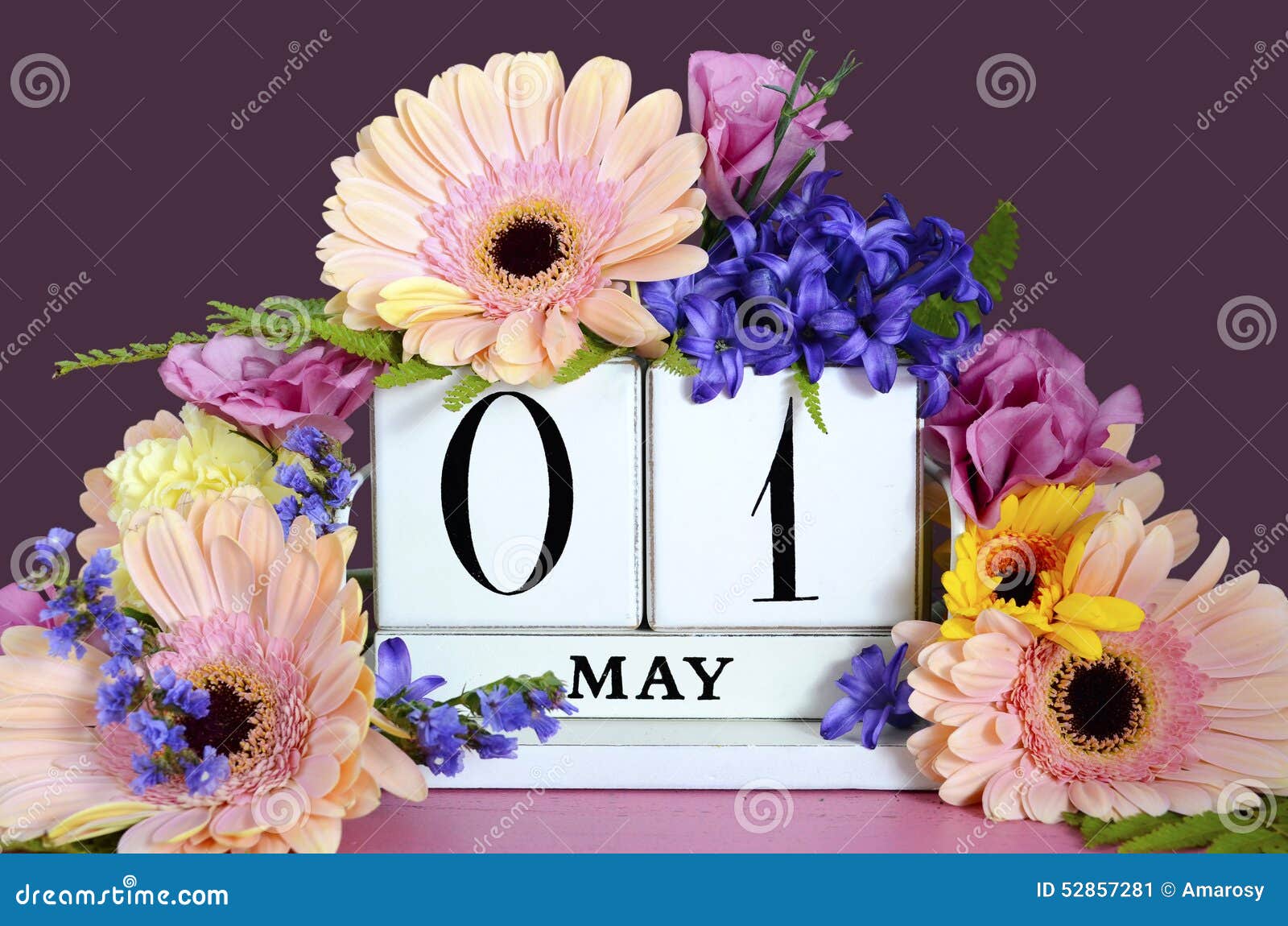 Happy May Day Calendar with Flowers. Stock Image Image of table
