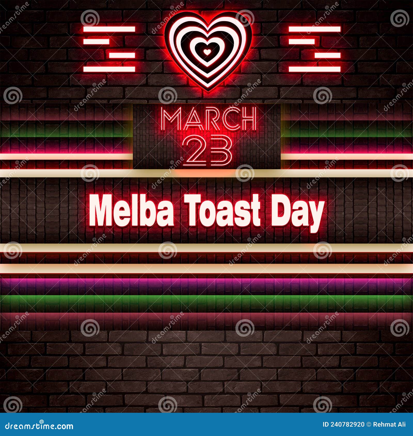 23 March, Melba Toast Day, Neon Text Effect on Bricks Background Stock