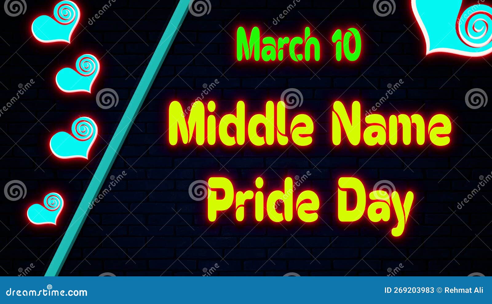 happy middle name pride day, march 10. calendar of february neon text effect, 