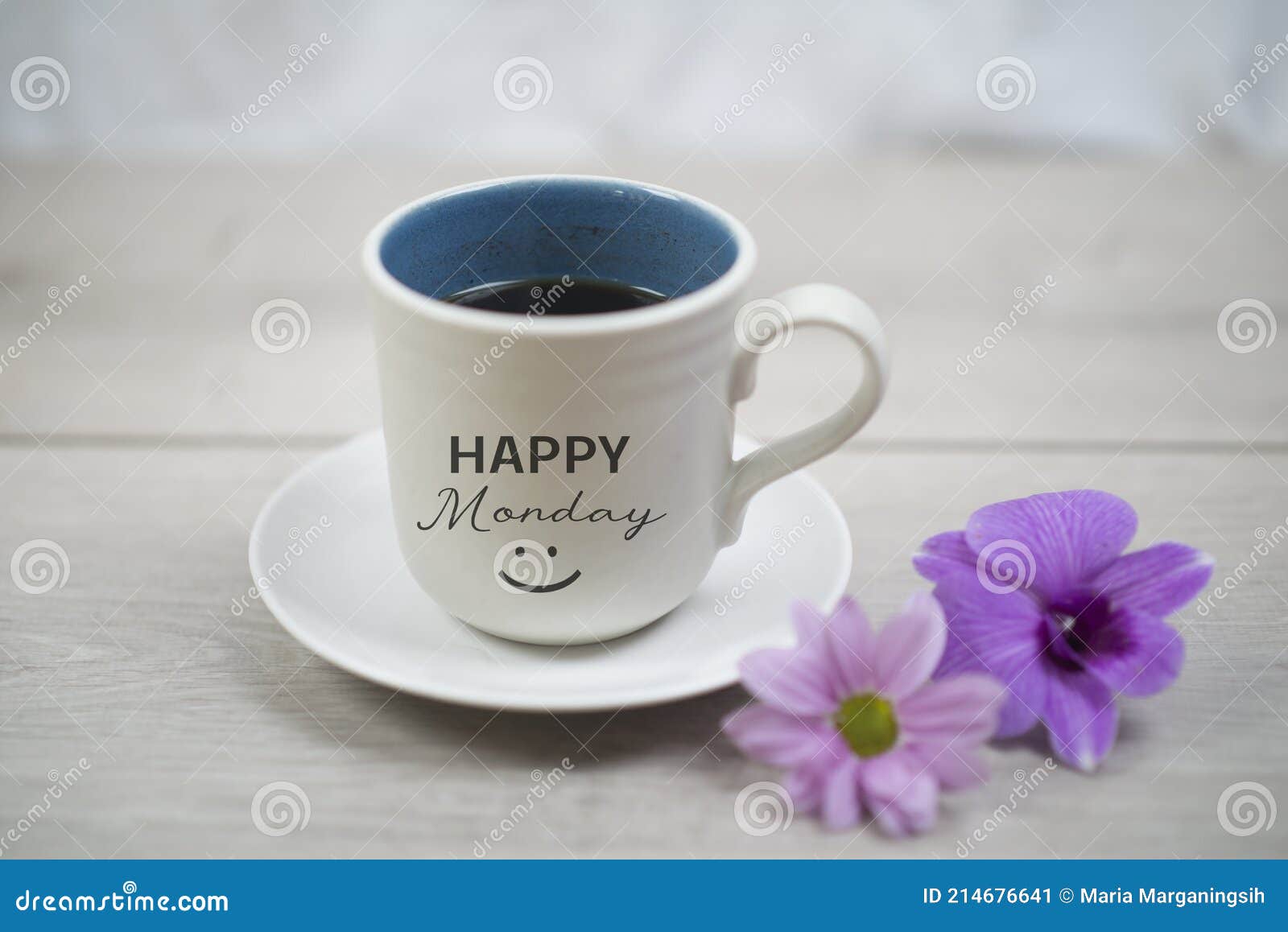 Happy Monday. Monday Concept with Happy Smile on Cup of Morning Coffee and  Purple Orchid Daisy Flowers on White Soft Background Stock Image - Image of  contagious, daisy: 214676641