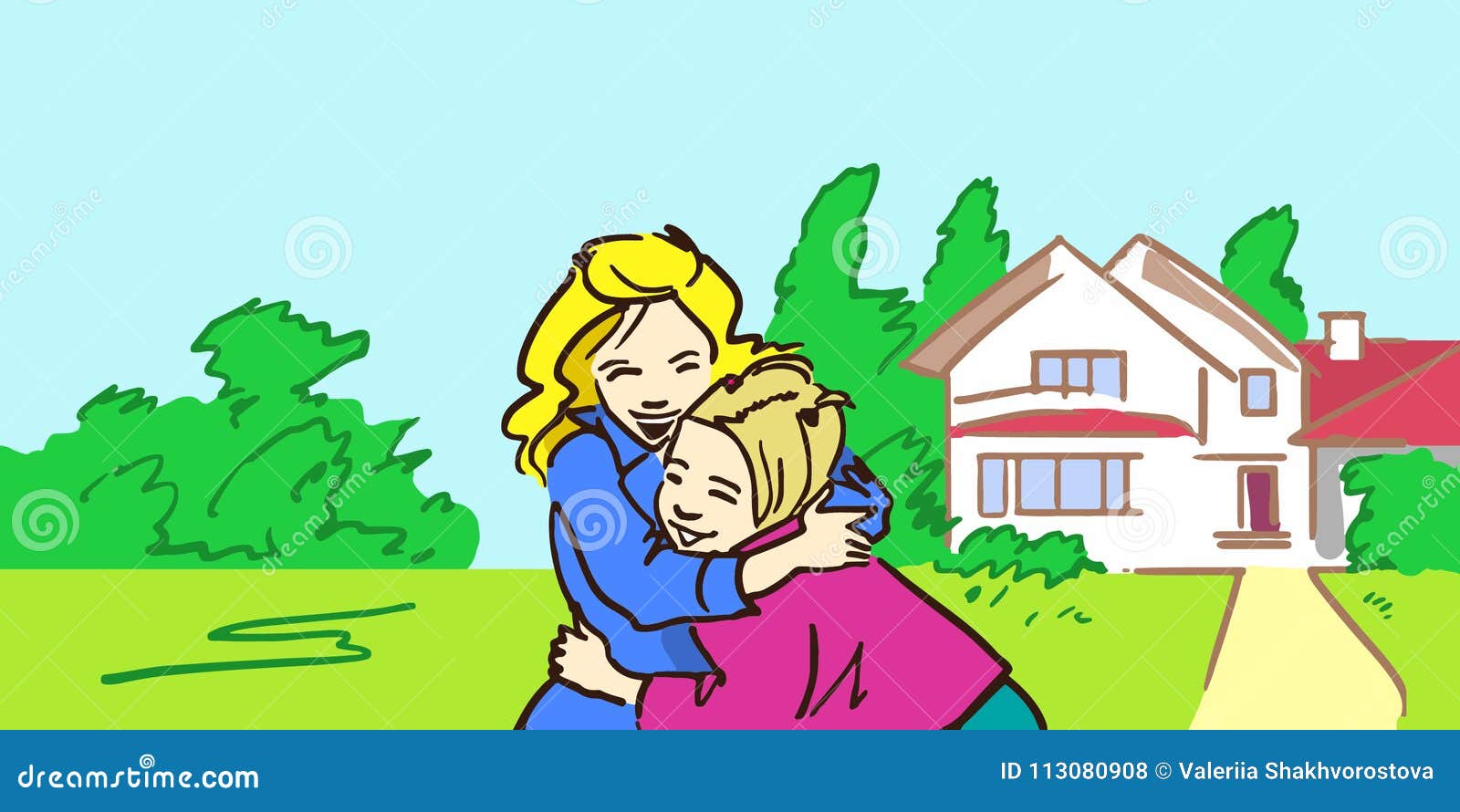 Happy Mother And Daughter Is Hugging Outdoor Near Their House Stock