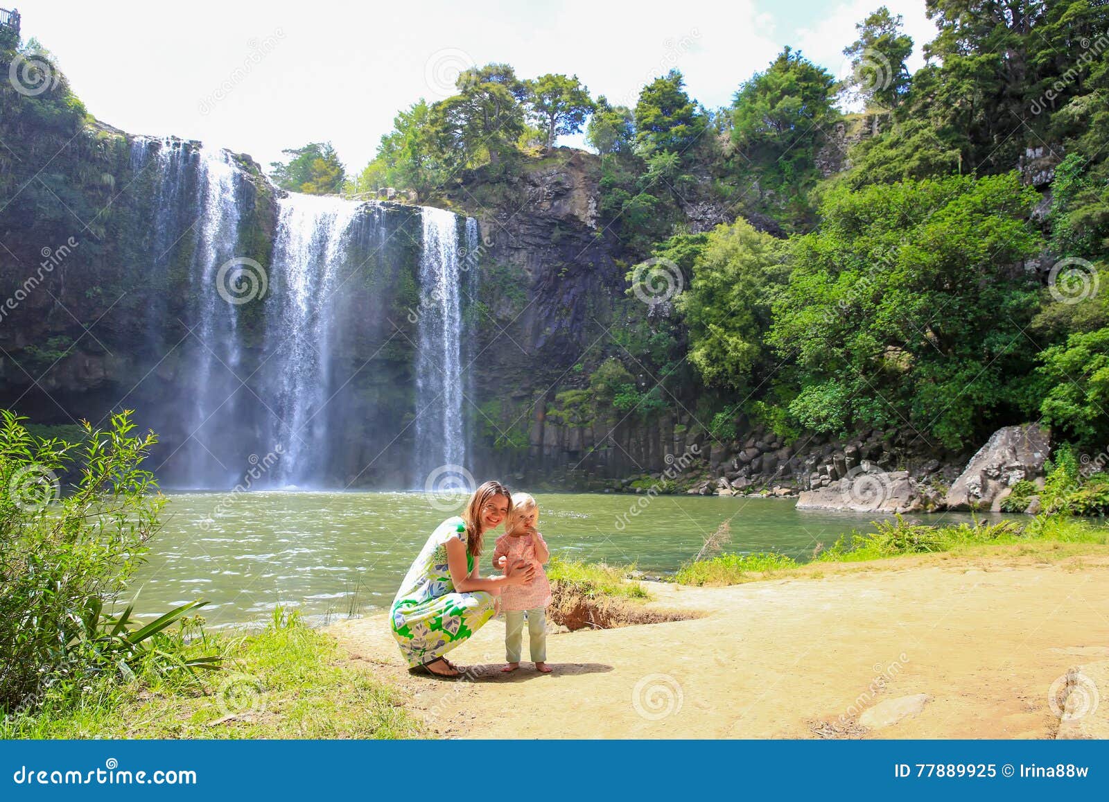 Happy Mother with Her Daughter Outdoors. Whangarei Falls, New Zealand