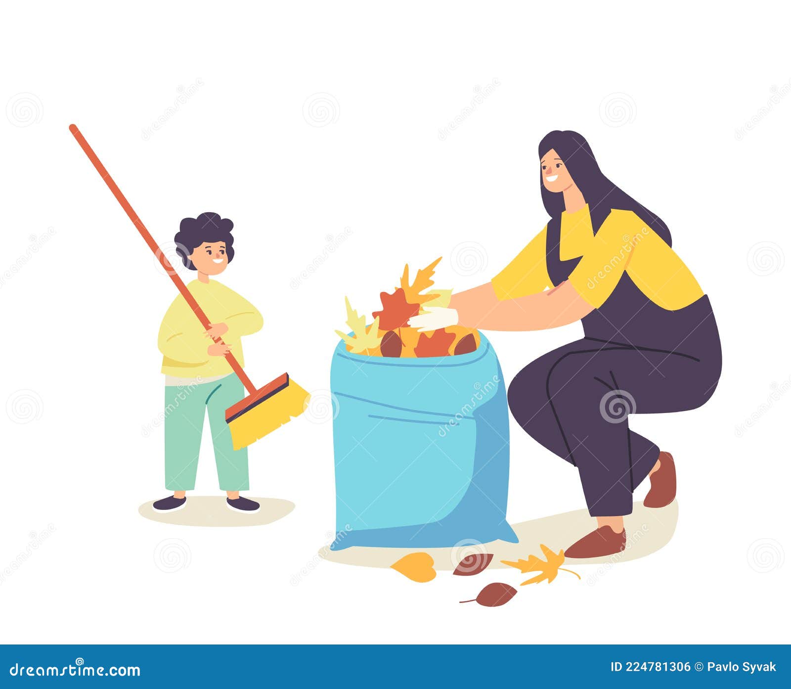 Happy Mother and Little Baby Collecting Fallen Autumn Leaves into Bag ...