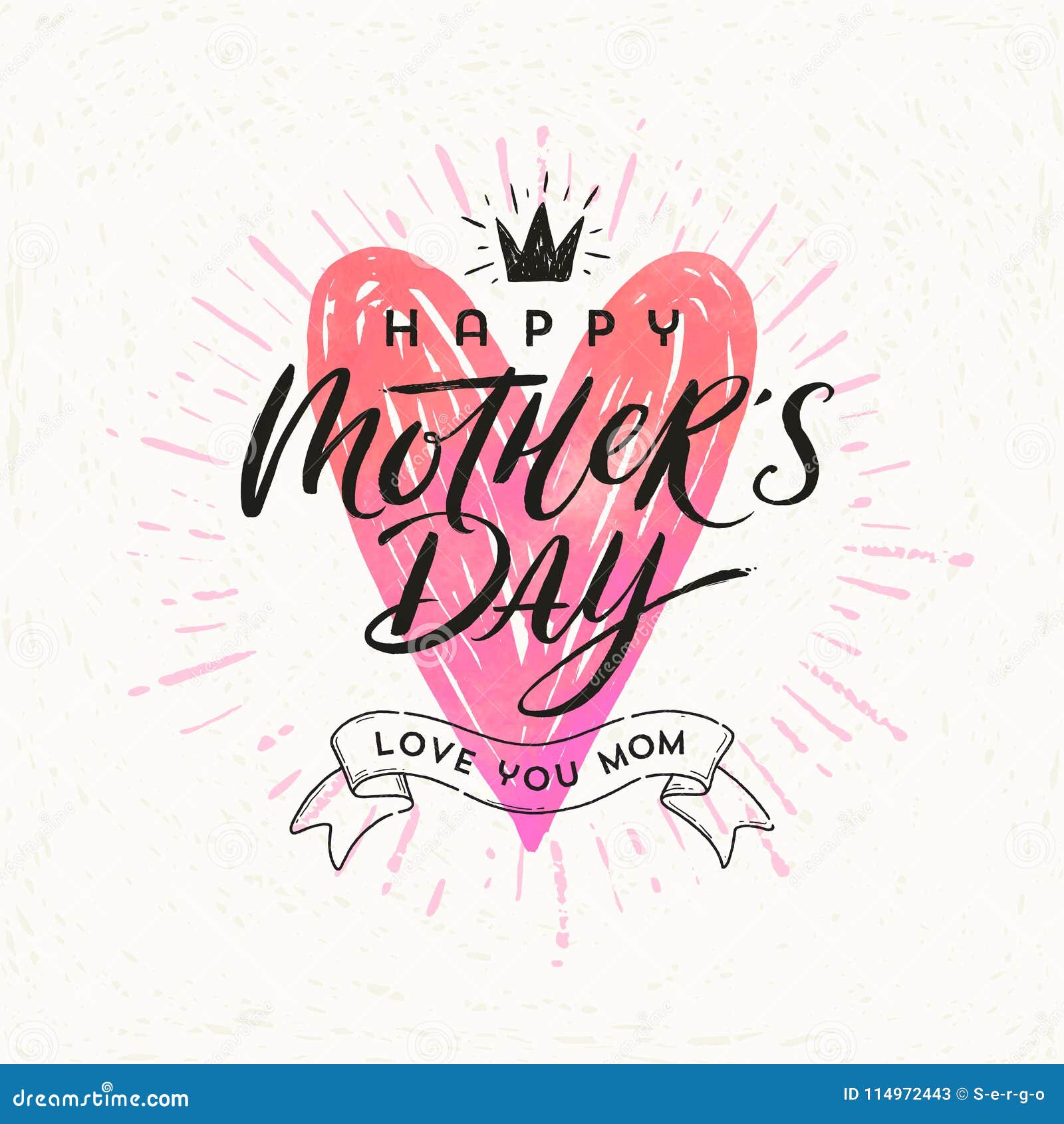 happy mother`s day - greeting card. brush calligraphy on a hand drawn shinning heart .