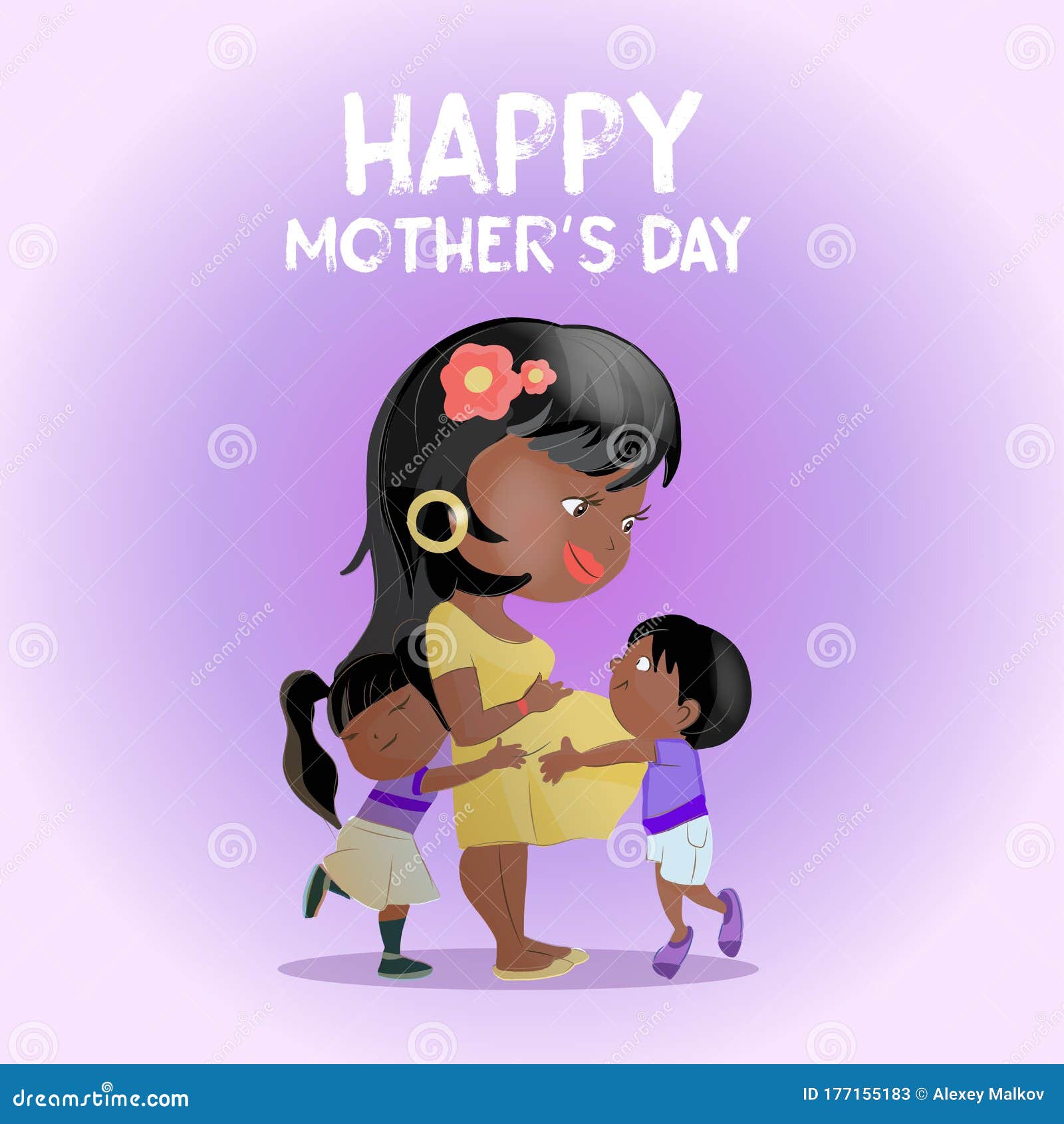 Happy Mother`S Day Greeting Card. Cute Cartoon Illustration Of Mother With  Two Kids. African American Mom With Little Son And Stock Illustration -  Illustration Of Motherhood, People: 177155183