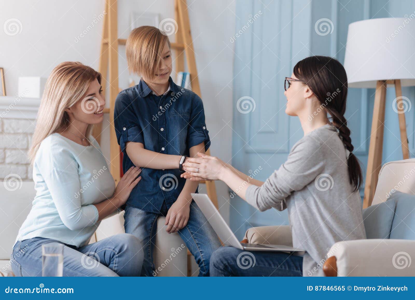 Happy Mother Visiting Psychologist With Her Son Stock Image Image Of