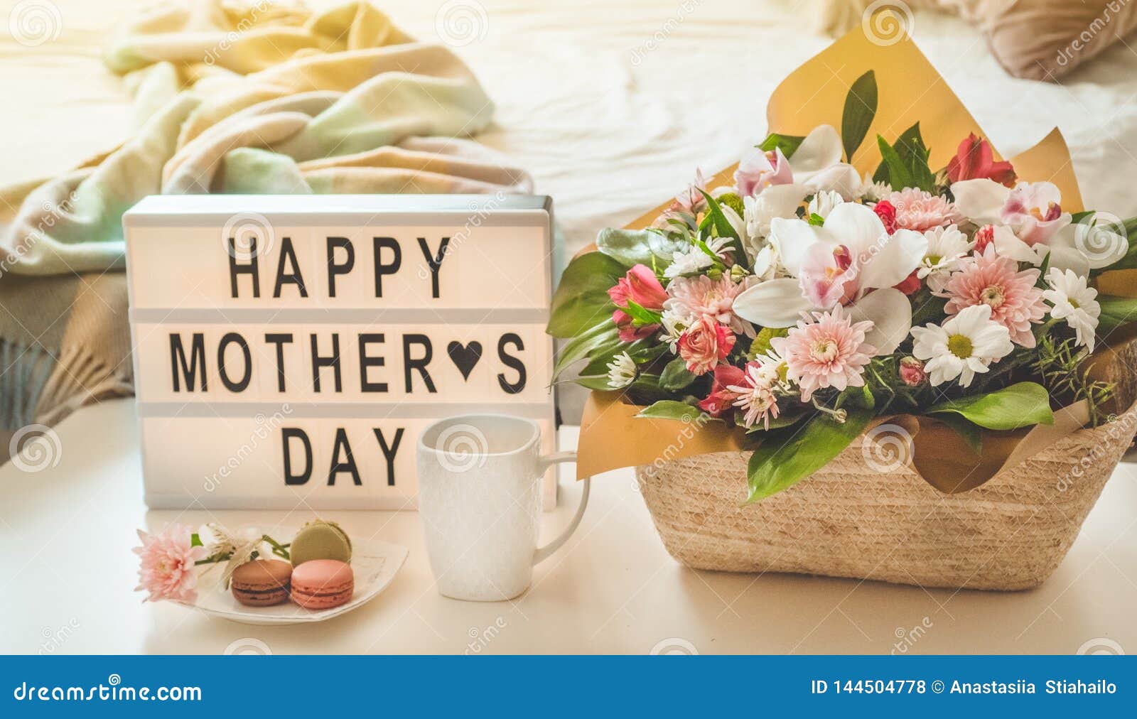 Happy Mothers Day. a Beautiful Bouquet of Flowers with Hot Tea on the ...