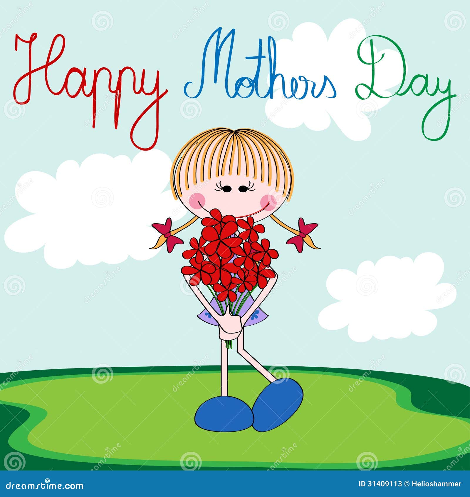 Happy Mothers Day Card With Cartoon Girl Stock Vector - Illustration